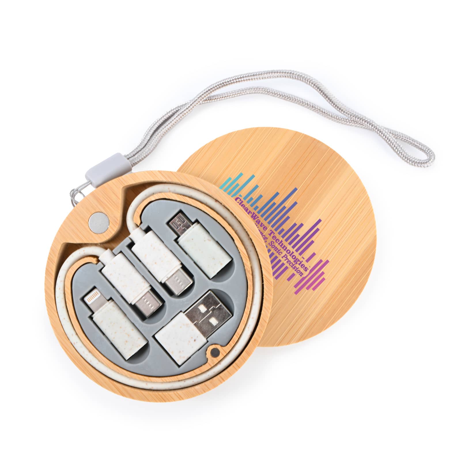 A wooden circular case containing multiple charging cables in grey and white, featuring a logo on the exterior.