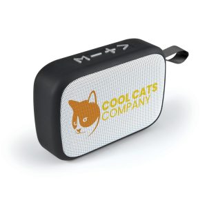 A compact black and white speaker featuring a logo and control buttons on top.