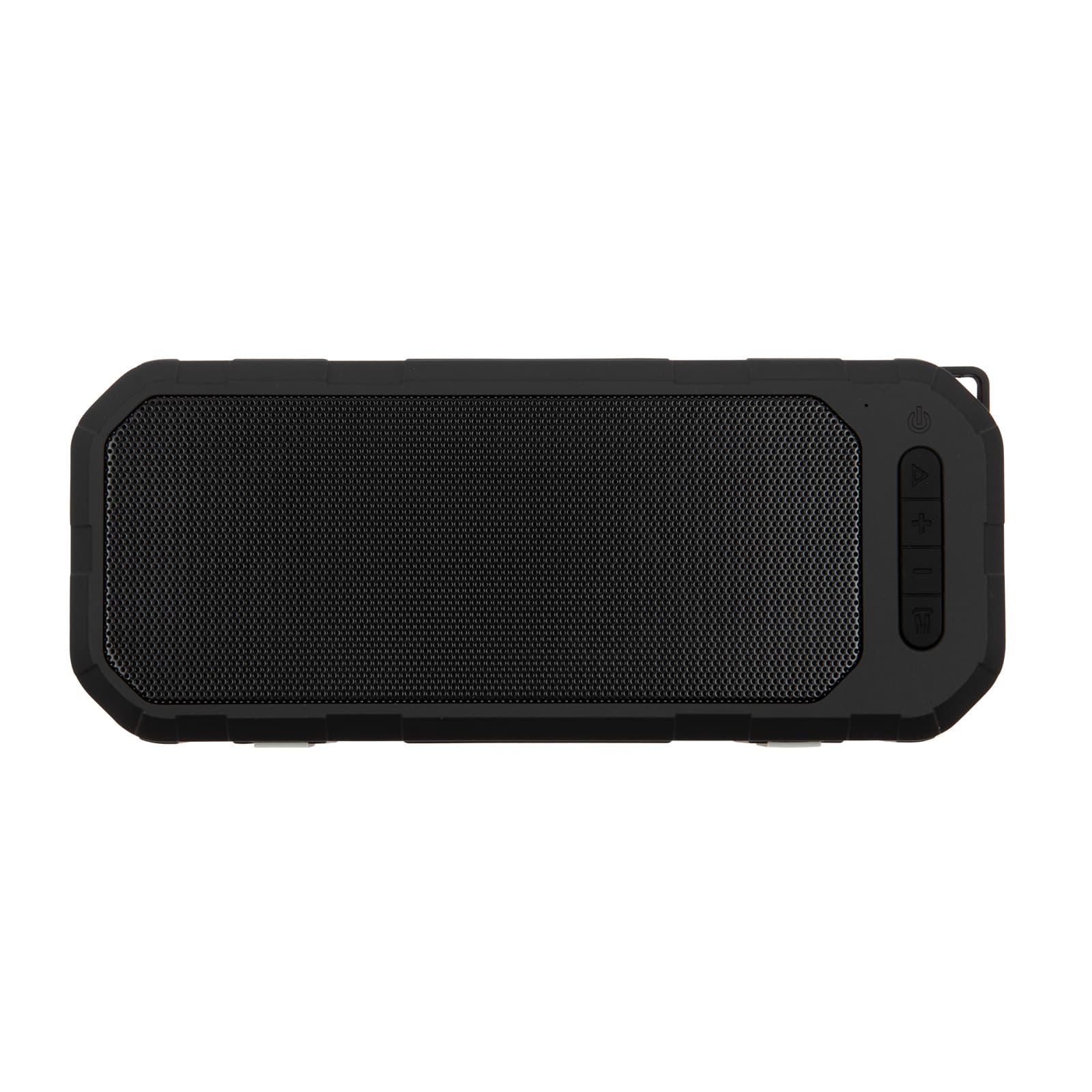 A water-resistant speaker featuring a robust design with a mesh front and control buttons on one side.
