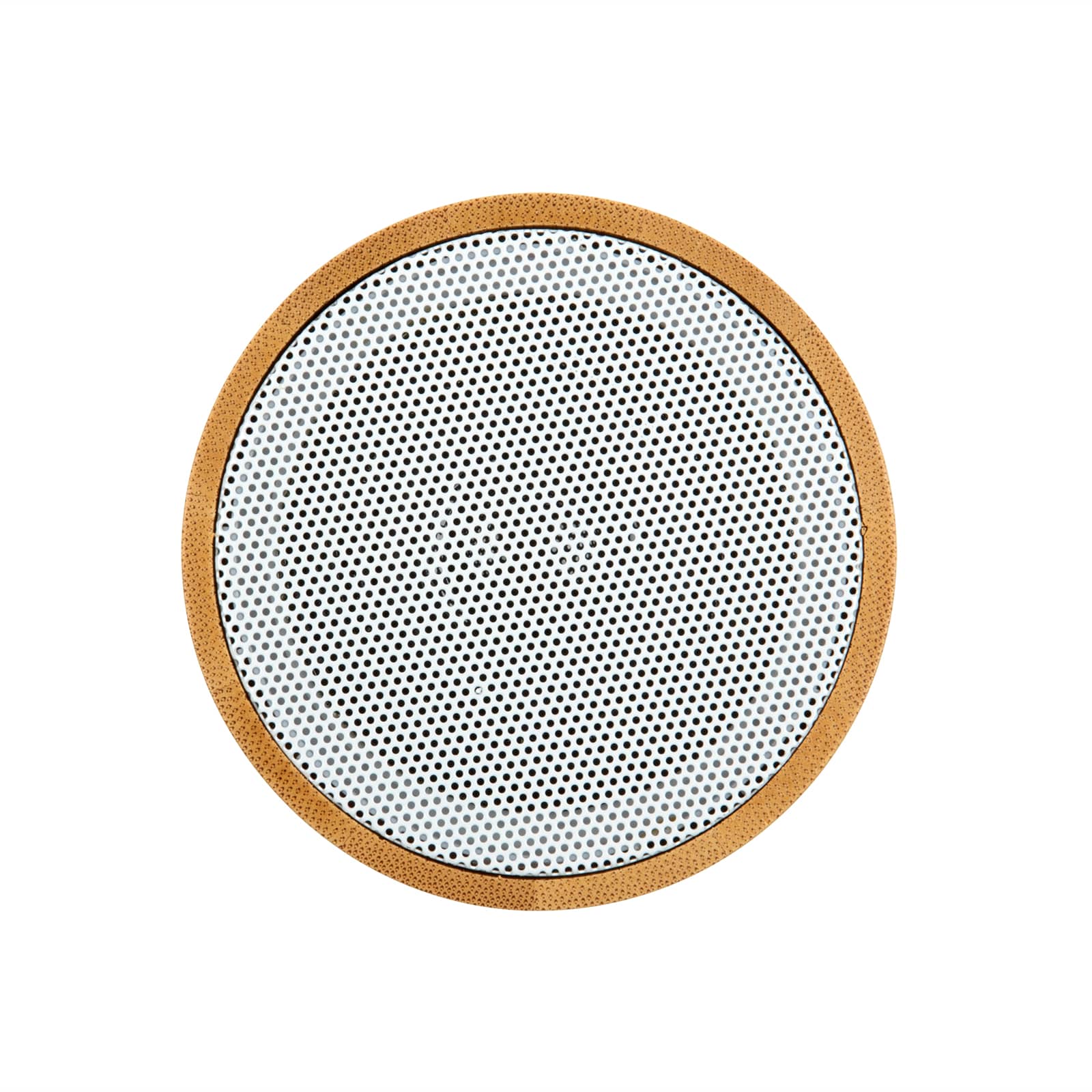 A Bluetooth speaker featuring a bamboo frame and a mesh sound grille design.