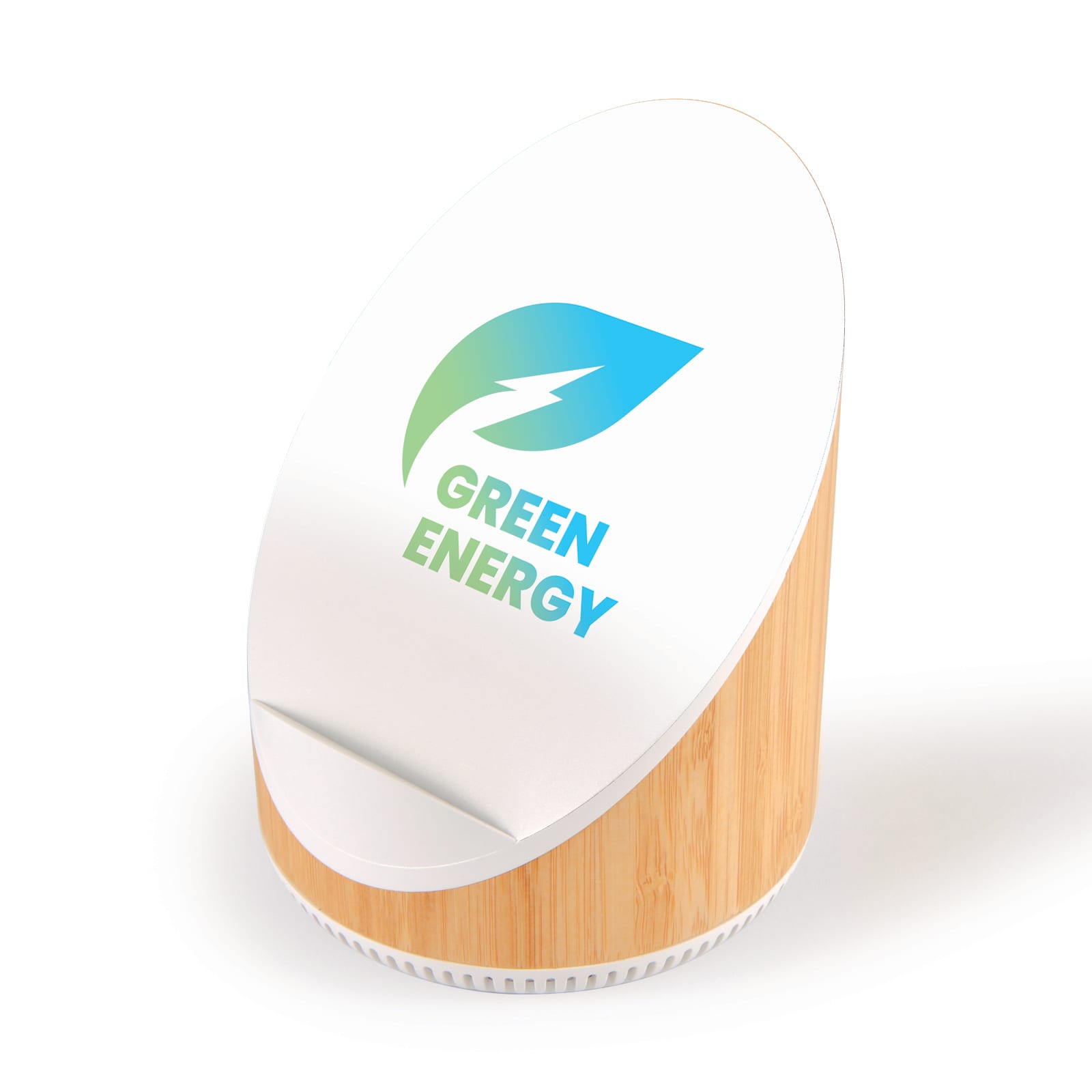 A wireless speaker and charger with a bamboo base and a circular white top featuring the logo 