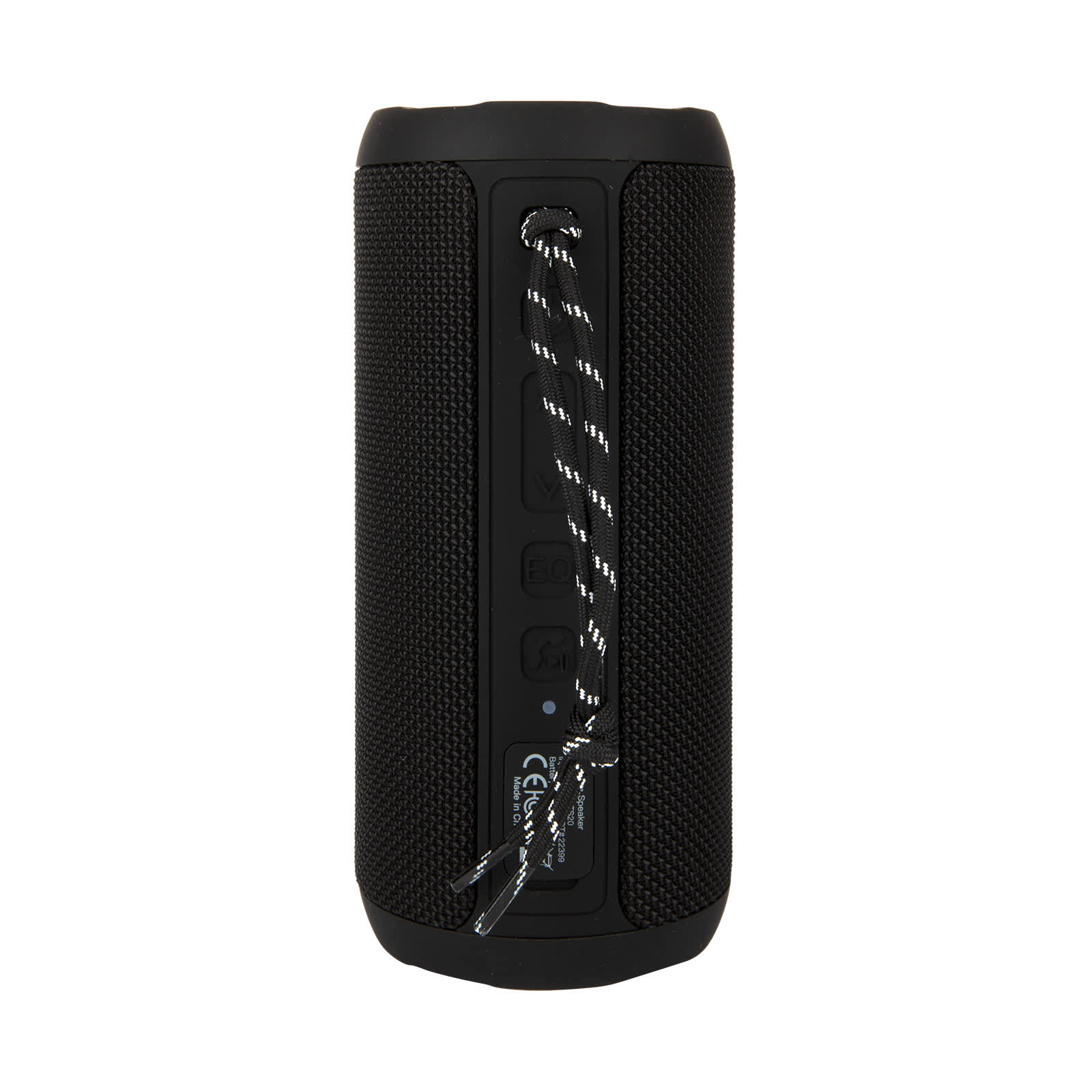 A black Bluetooth speaker with a textured surface and a hanging strap, featuring buttons and a logo.
