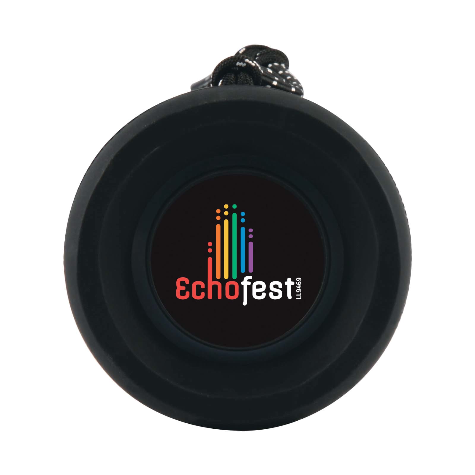 A Neon Bluetooth Speaker featuring a circular design with a black exterior and a colorful logo for 