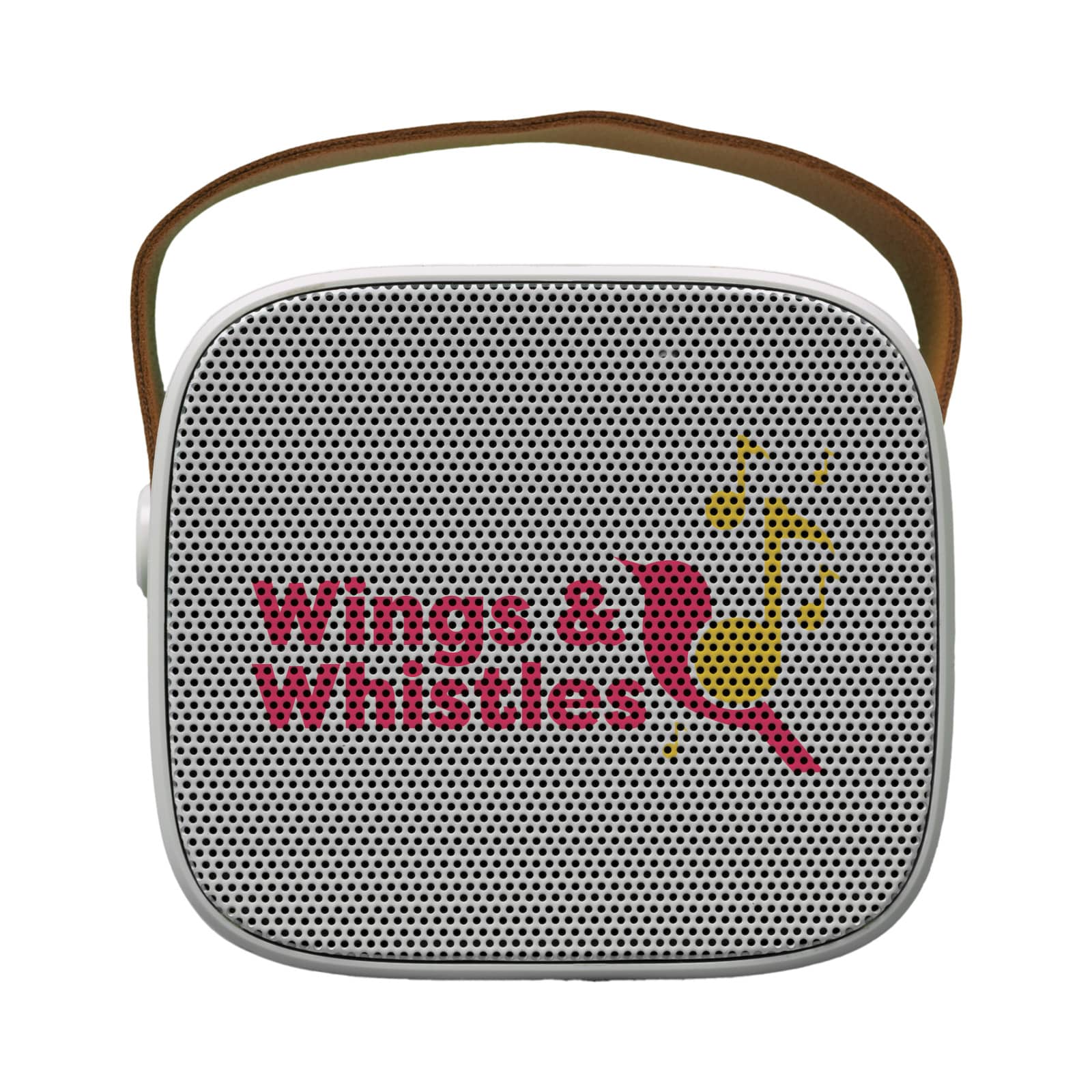 A compact, square mini speaker in white with a brown strap and a logo on the front.