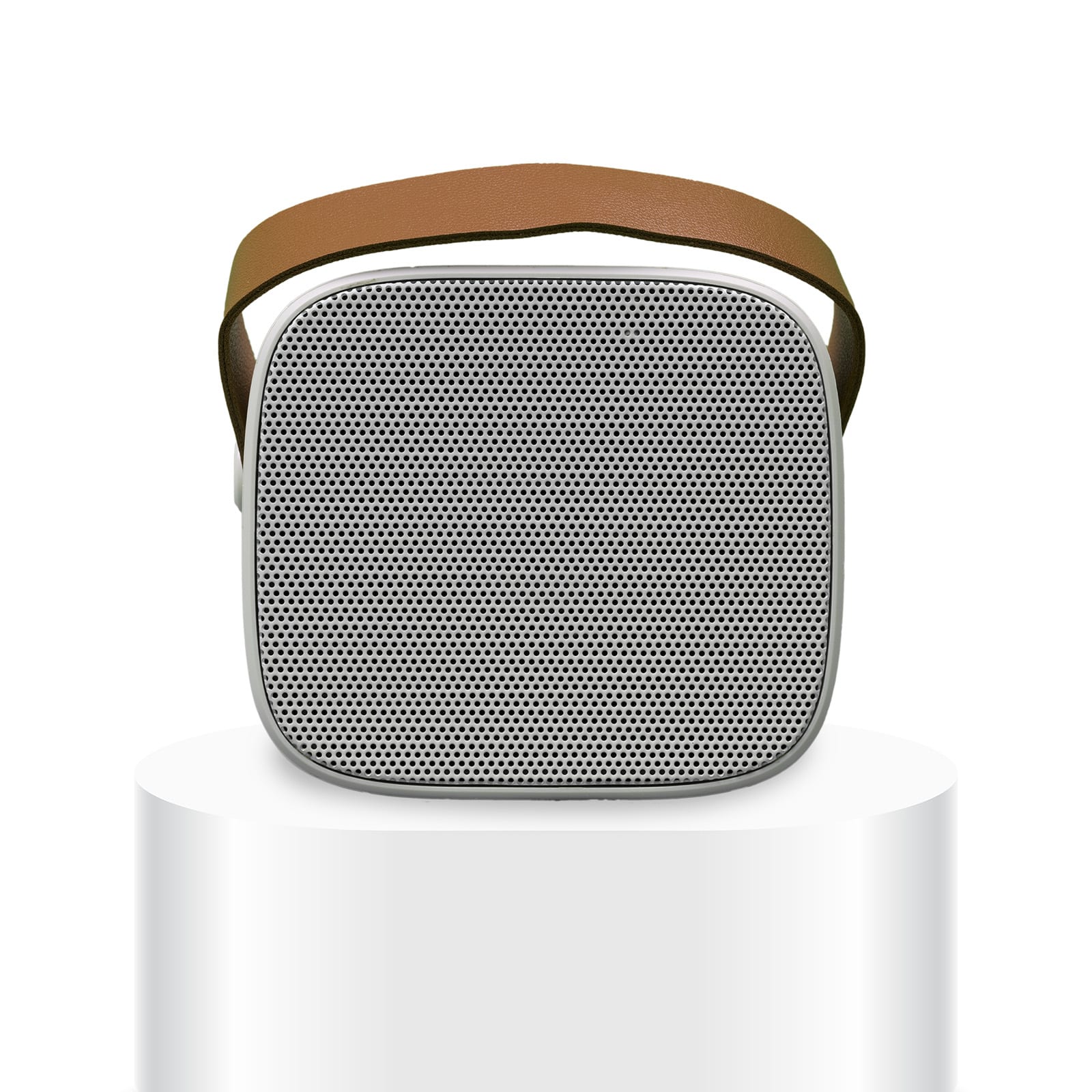 A Boombox Mini Speaker with a sleek design, featuring a mesh front and a brown strap for portability.