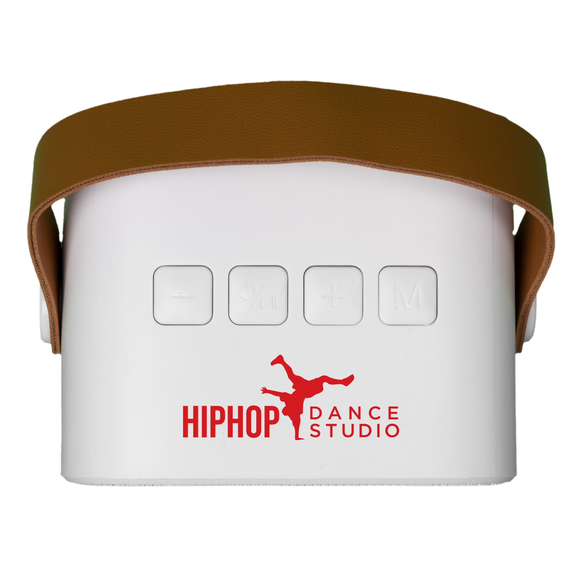 A white mini speaker with a brown strap and buttons on top, featuring a logo on the side.