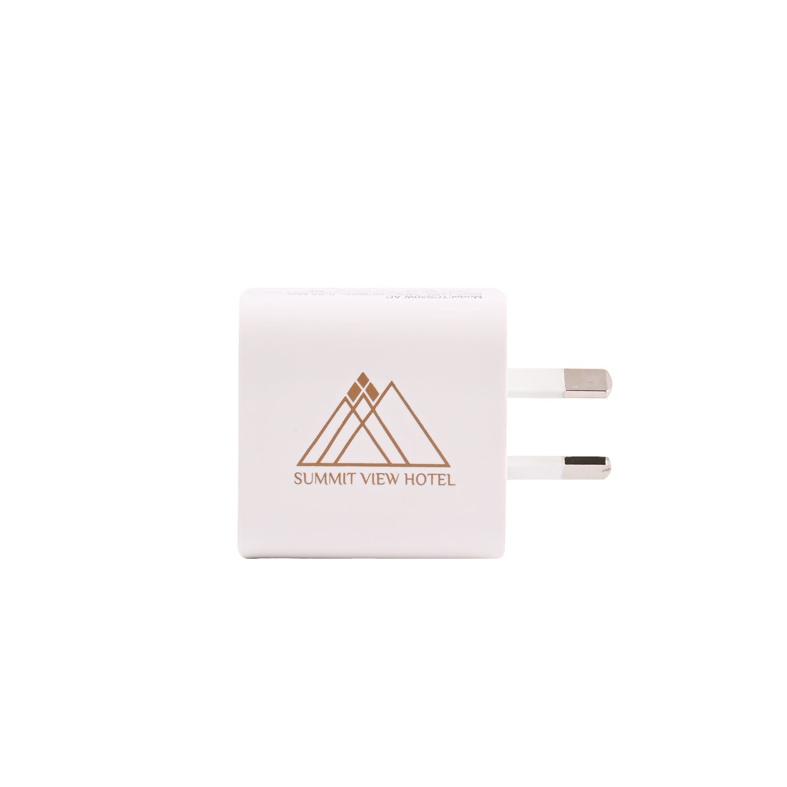 A wall charger designed for travel, featuring a white body with the logo 