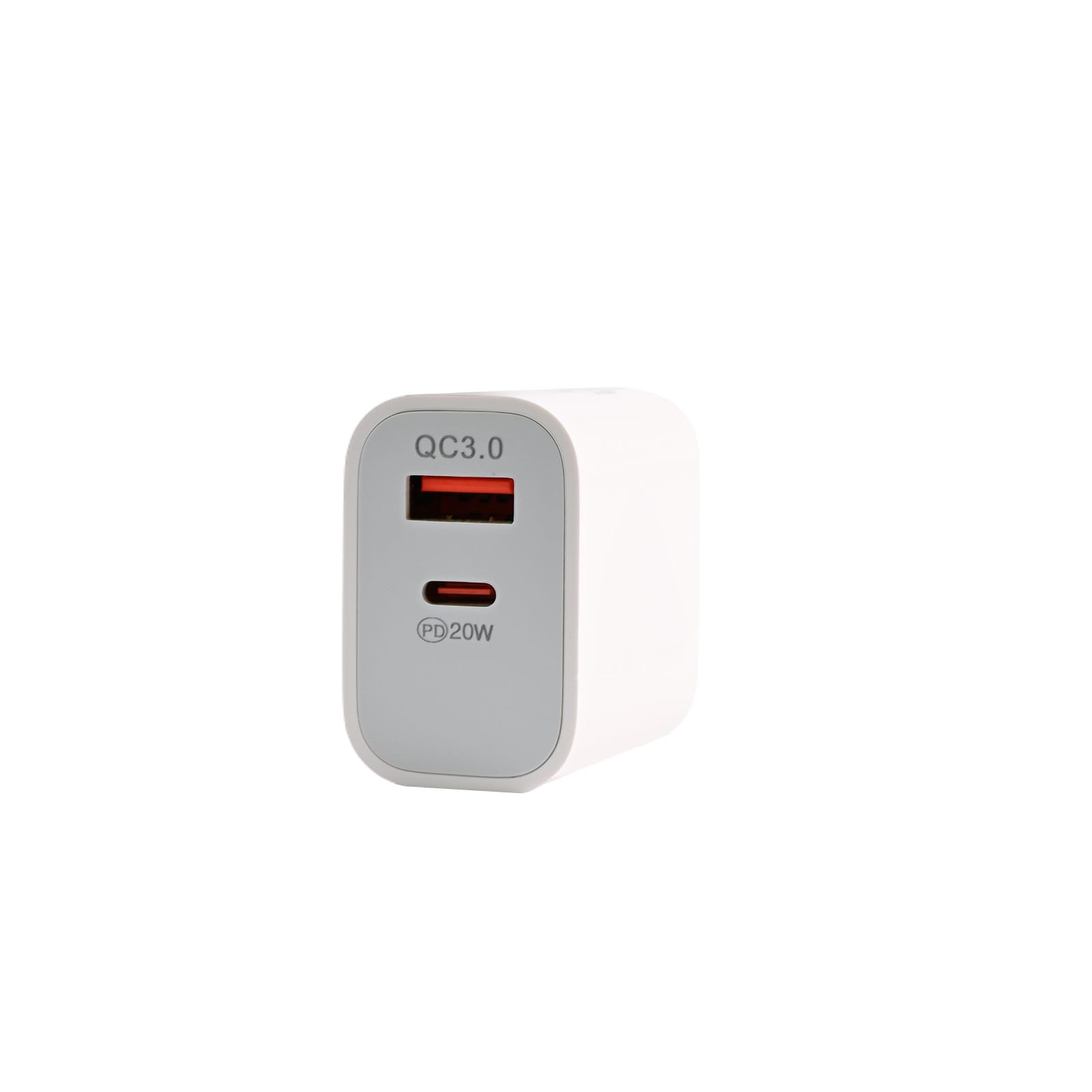 A white wall charger featuring a USB-A port and a USB-C port with a gray front.