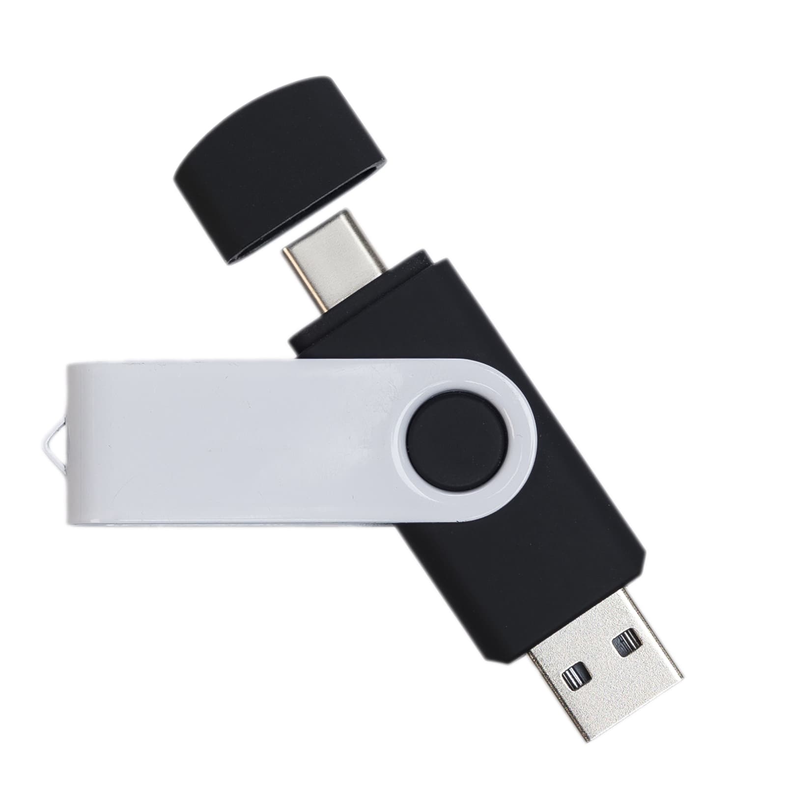 A black and white swivel USB flash drive featuring dual connectors. It has a plastic cap to cover the USB port.