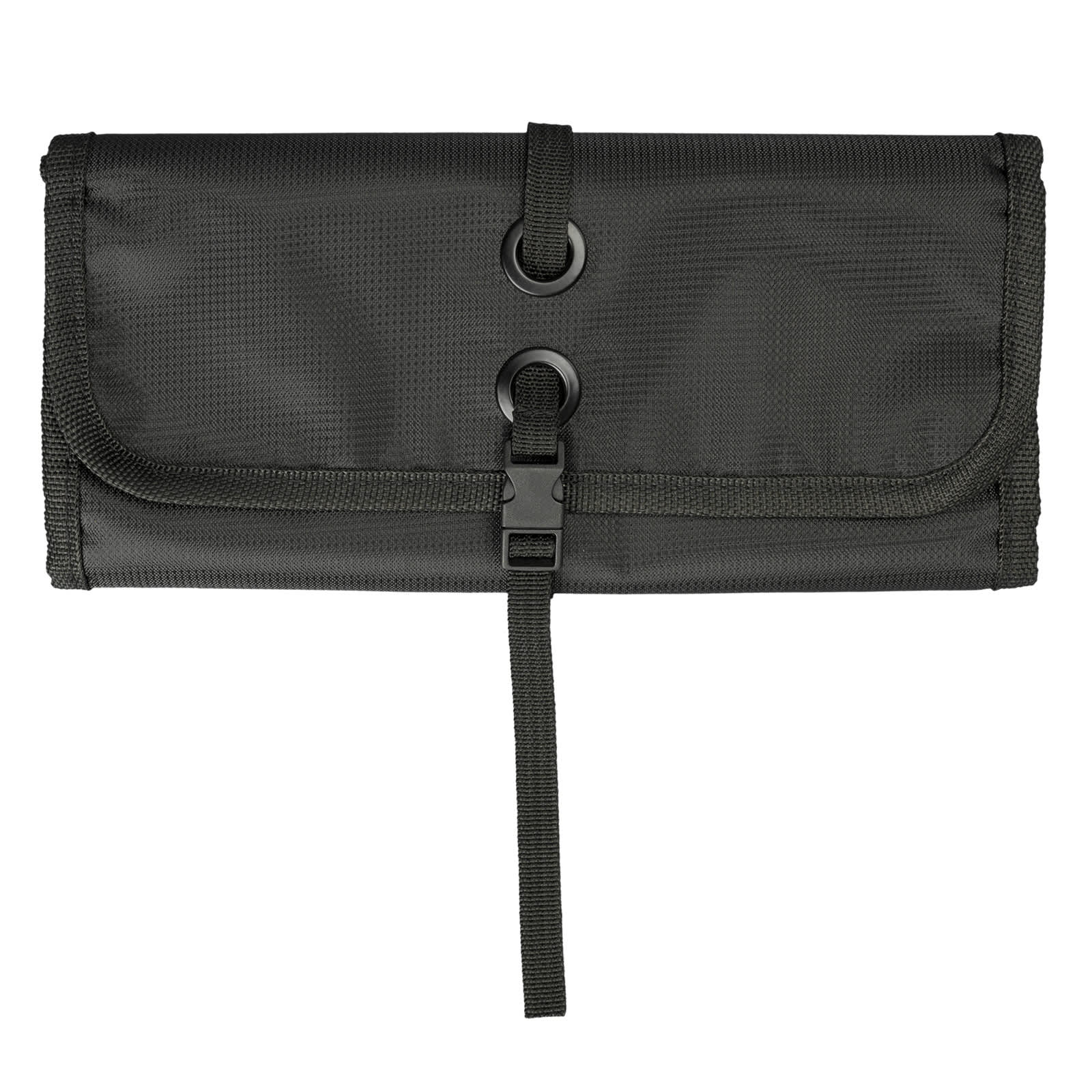 A dark green toiletry bag organizer features a roll-up design with two circular fasteners and a secure strap closure.