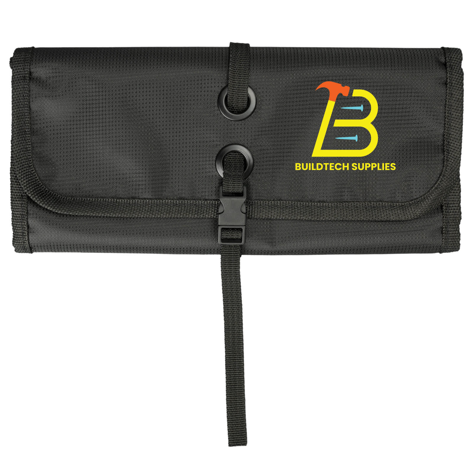A black roll-up organizer bag with a clasp closure and brand logo 