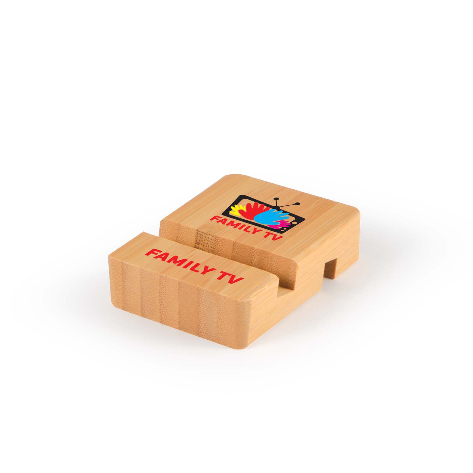 A bamboo tablet and phone stand with the text 