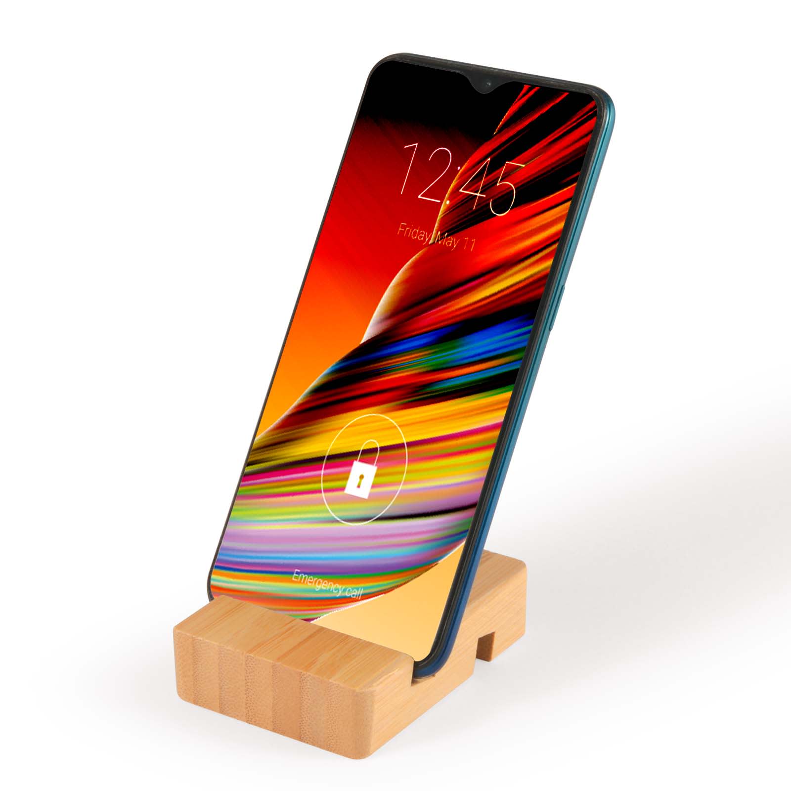 A bamboo tablet and phone stand with a smartphone displayed on it, featuring a colorful screen.