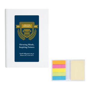 A promotional product featuring sticky notes in pastel colours, alongside a white cover book with a logo.