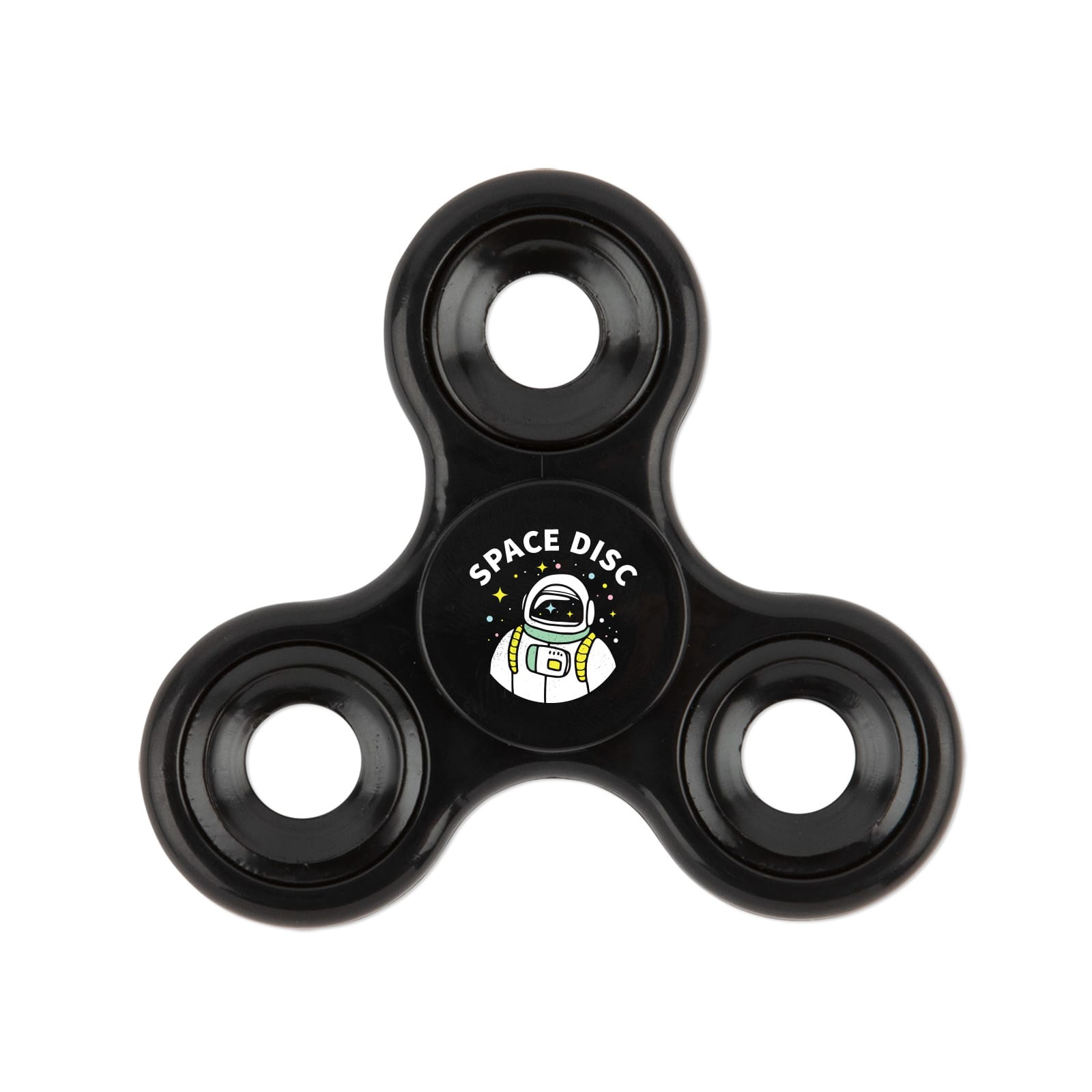 A black fidget spinner featuring a graphic of an astronaut and the text 