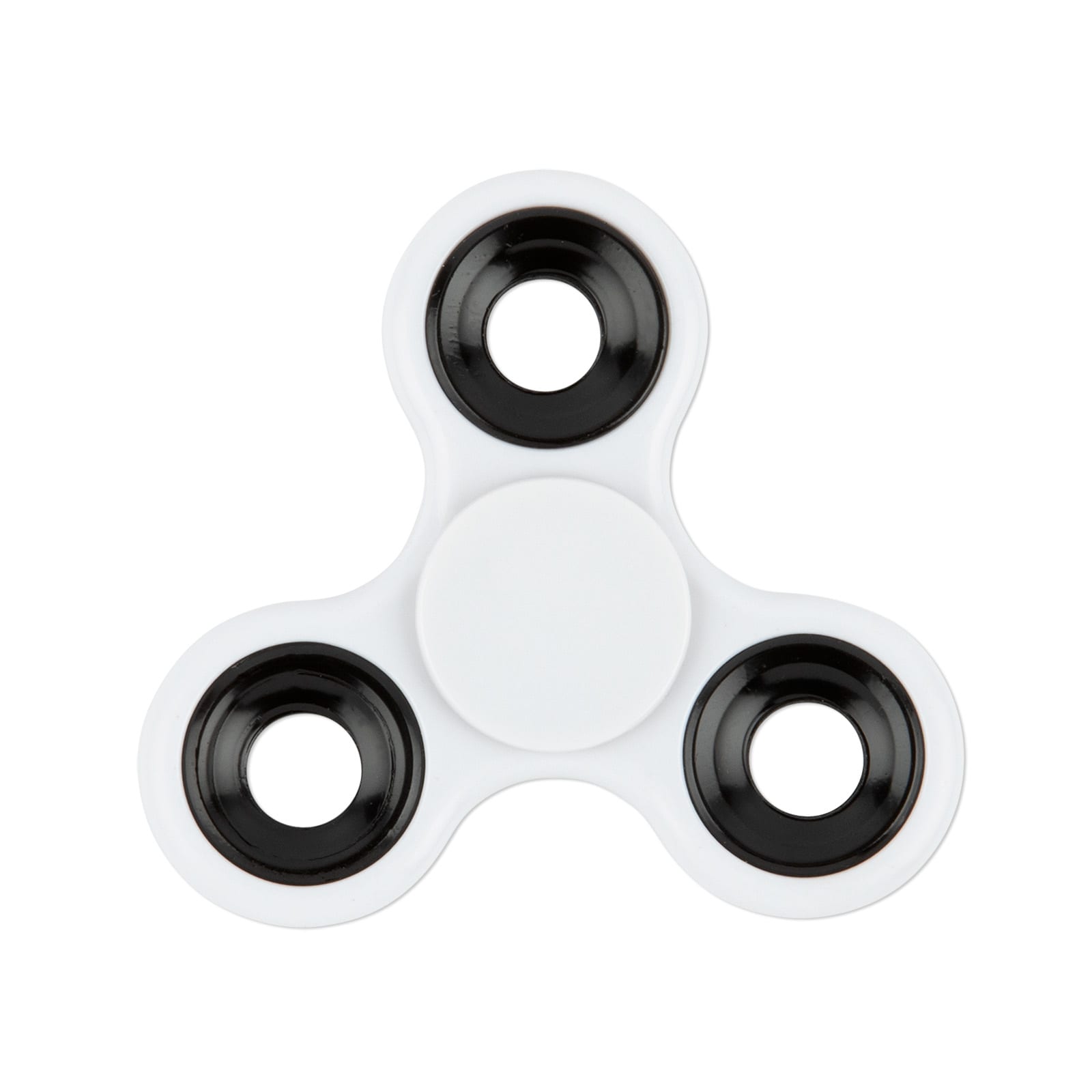 A fidget spinner with three arms, featuring a white body and black rings around each of the spinning sections.