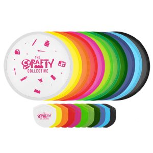 A set of colorful circular products, including white, black, green, blue, red, orange, yellow, and pink options, with logos.