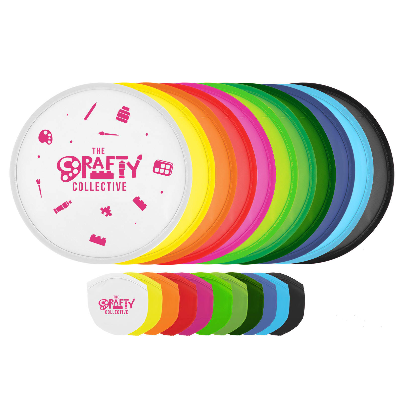 A set of colorful circular products, including white, black, green, blue, red, orange, yellow, and pink options, with logos.