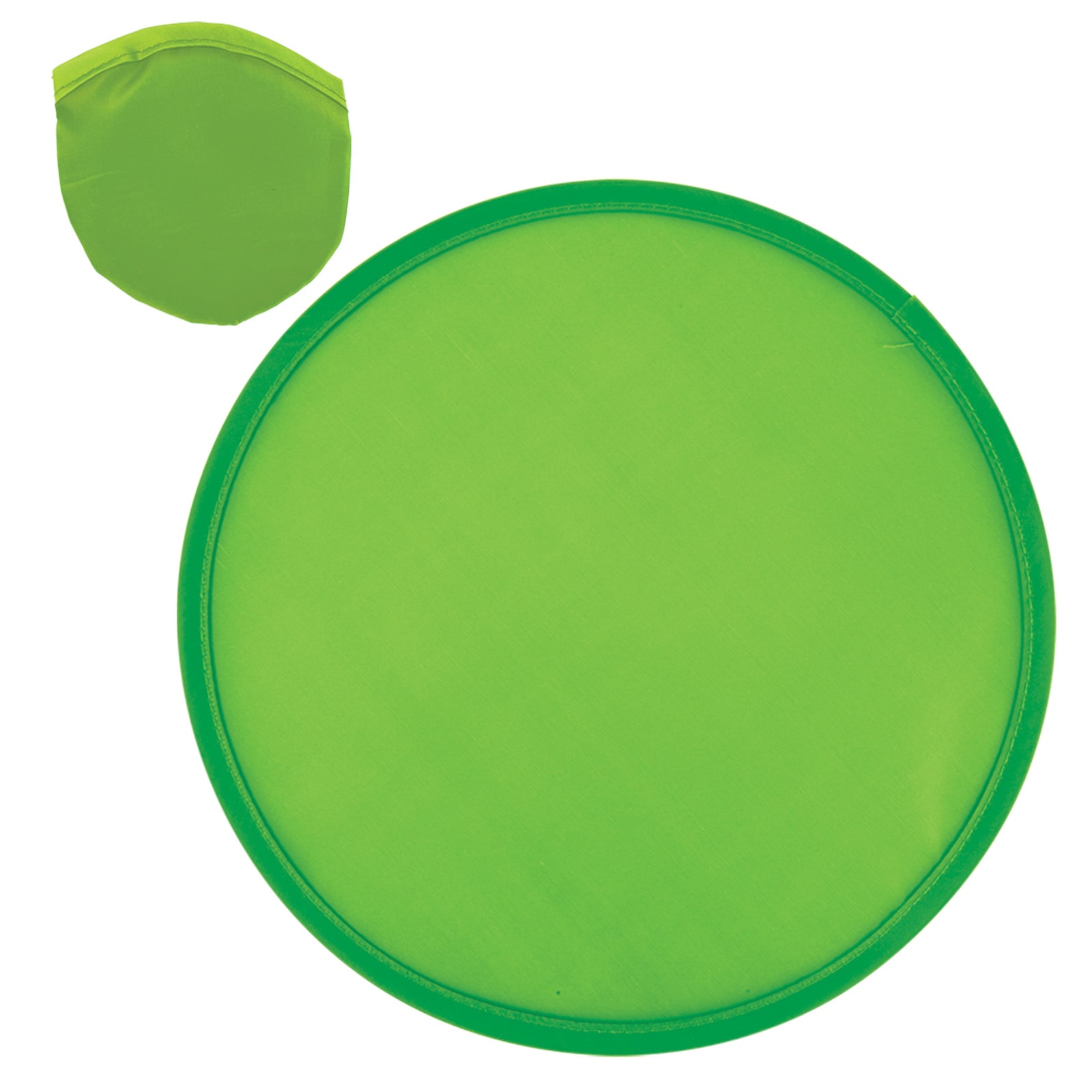 A green circular promotional product with a matching foldable cover. It features a simple design and includes a logo.
