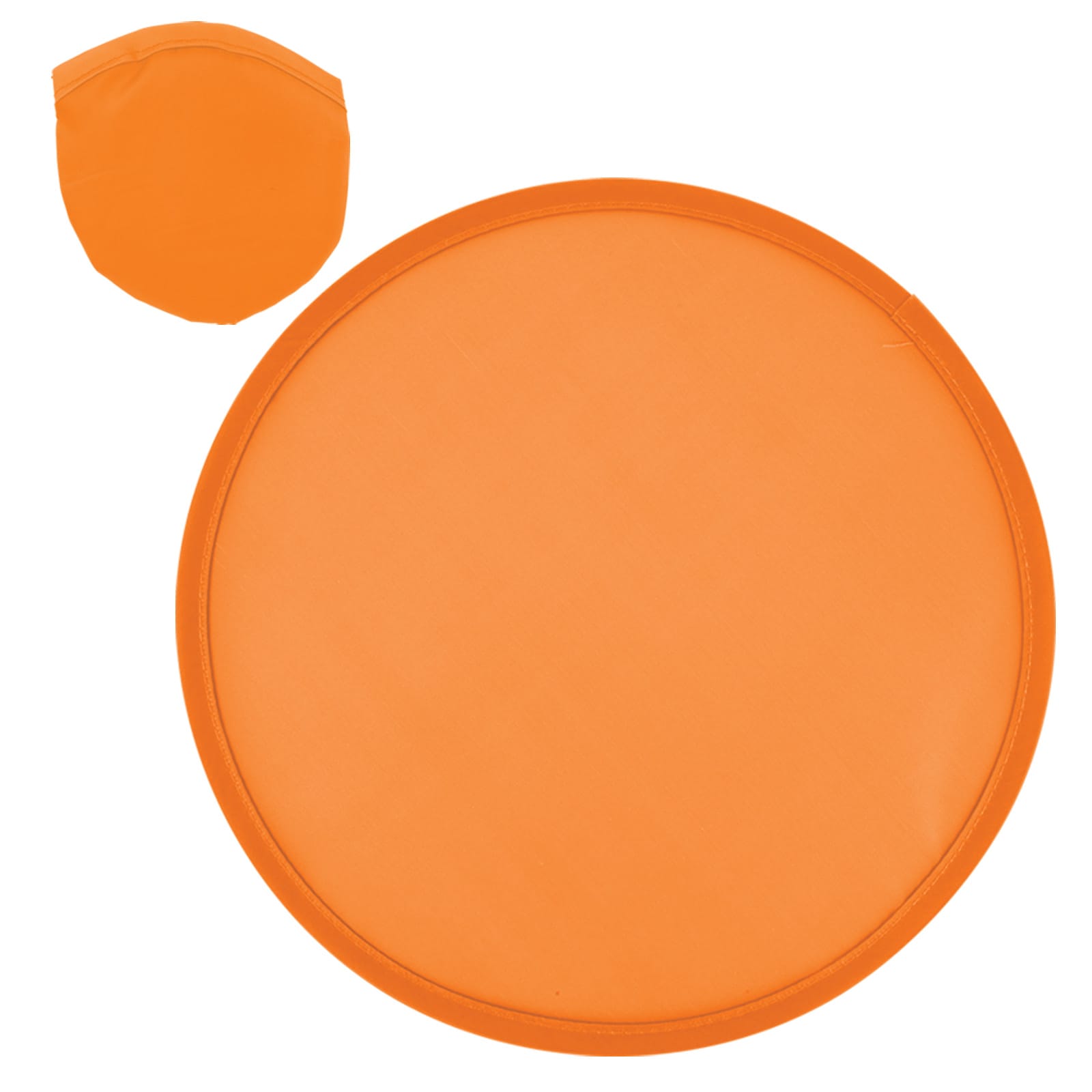An orange flying disc is displayed alongside a smaller, folded version of the same disc.