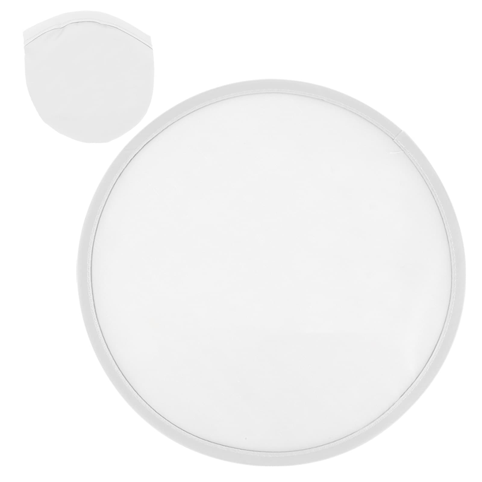 A round reflective scrim with a silver edge, accompanied by a smaller circular cover.