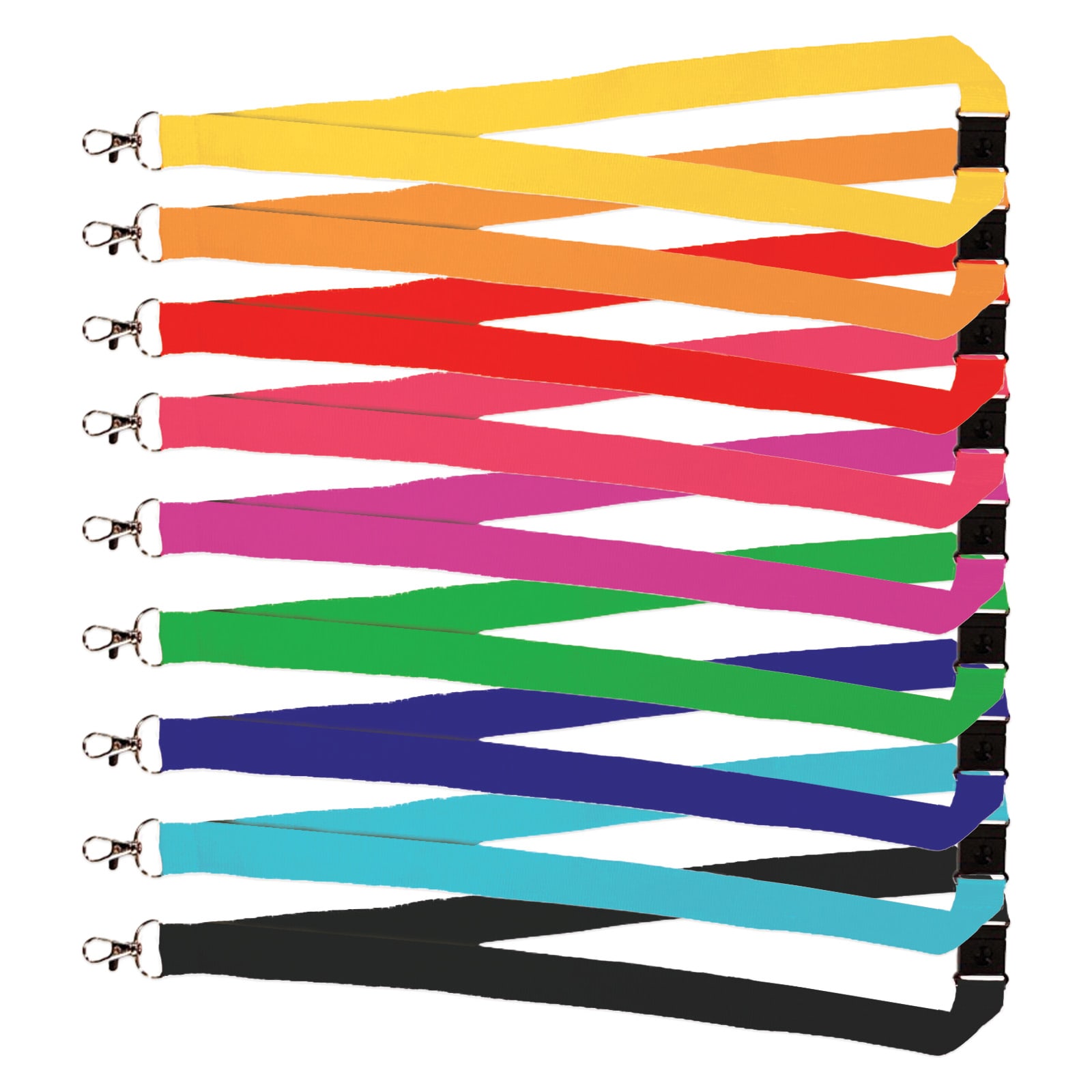 A collection of multi-colored woven lanyards, featuring various vibrant colors and clips at one end.