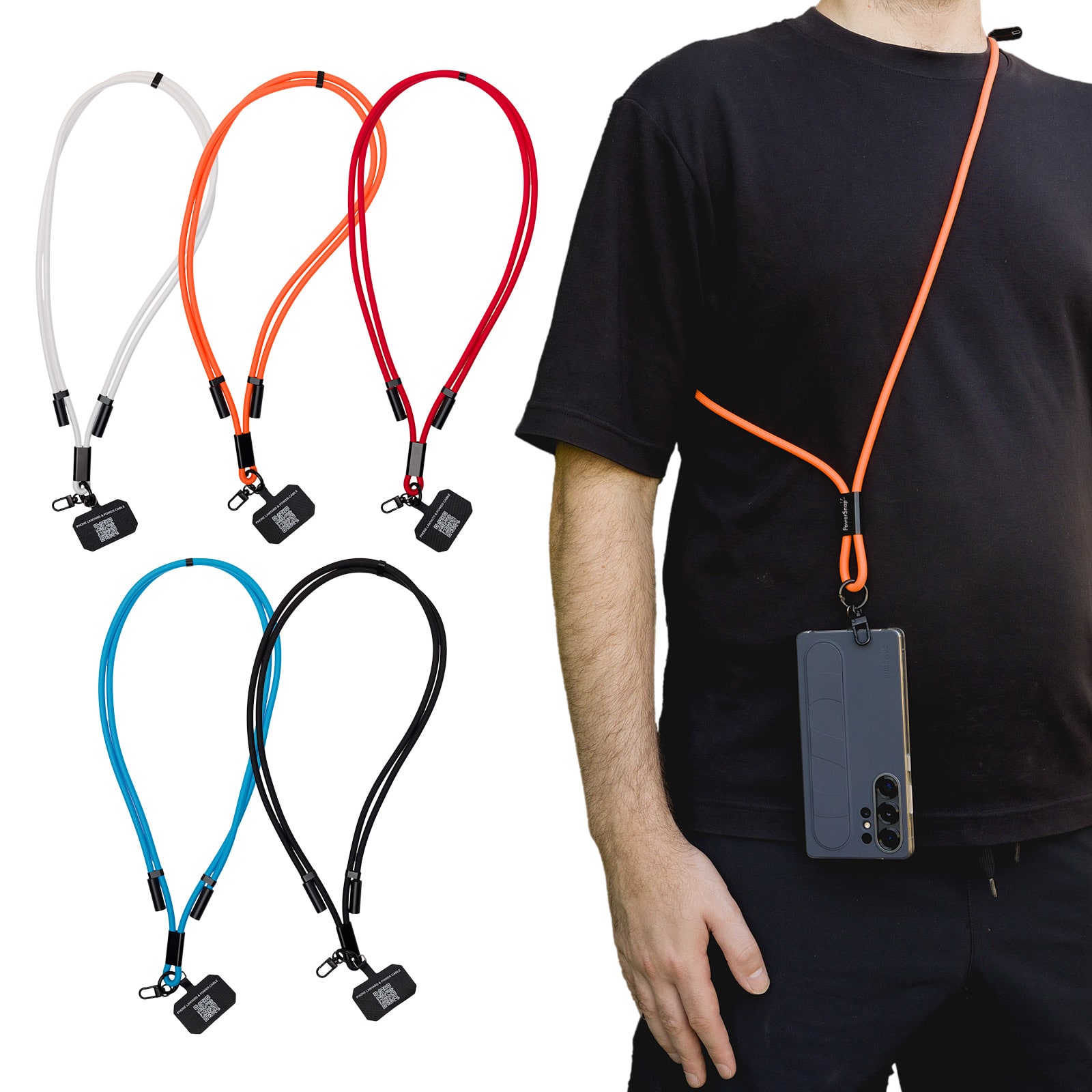 A collection of colorful phone lanyards in orange, red, blue, black, and clear, displayed with a phone attached.