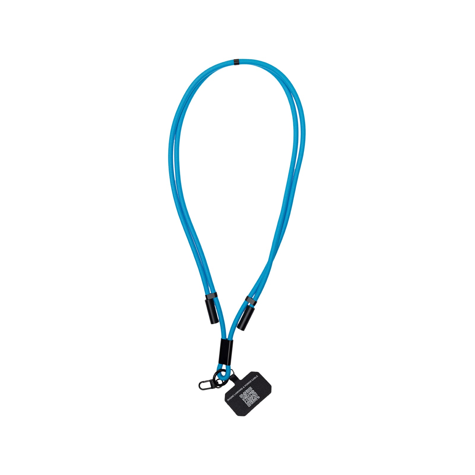 A blue phone lanyard designed for holding a phone securely. The lanyard includes attachments for easy access.