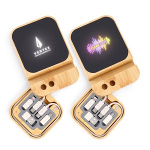 A bamboo wireless charger set with two compartments, featuring a logo and a music soundwave design.