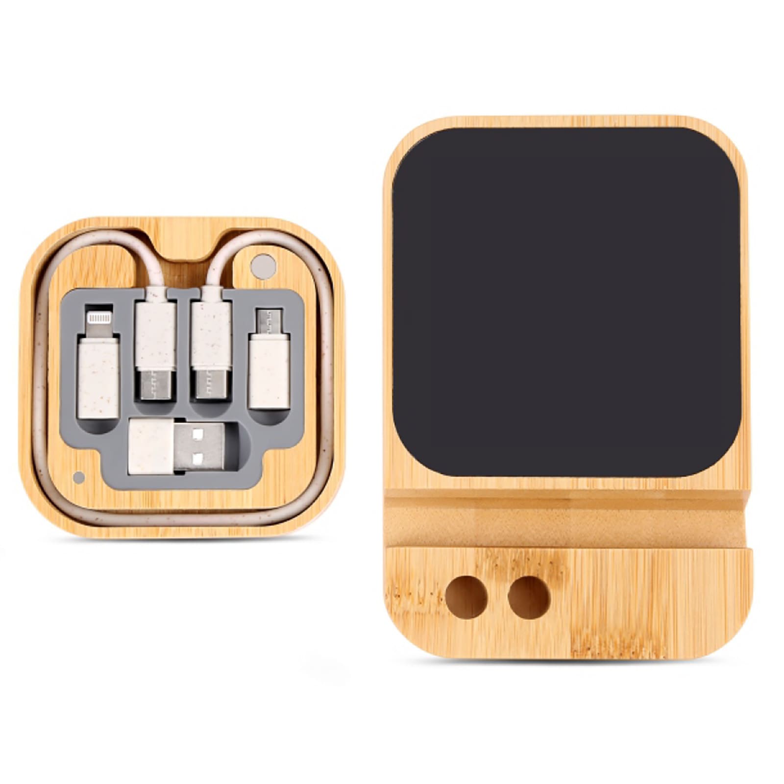 A wireless charger set in a bamboo casing, featuring multiple charging cables and a sleek, minimalist design.