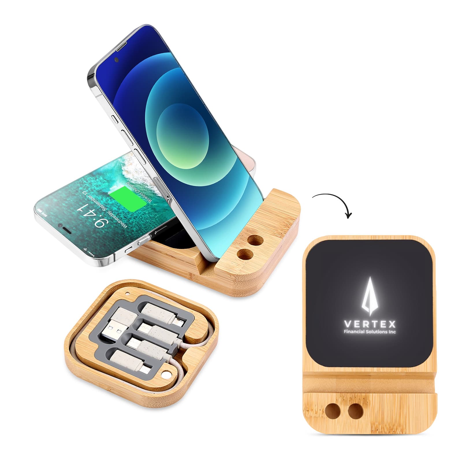 A bamboo wireless charger set with a sleek design, featuring compartments for devices and a logo on the charging base.