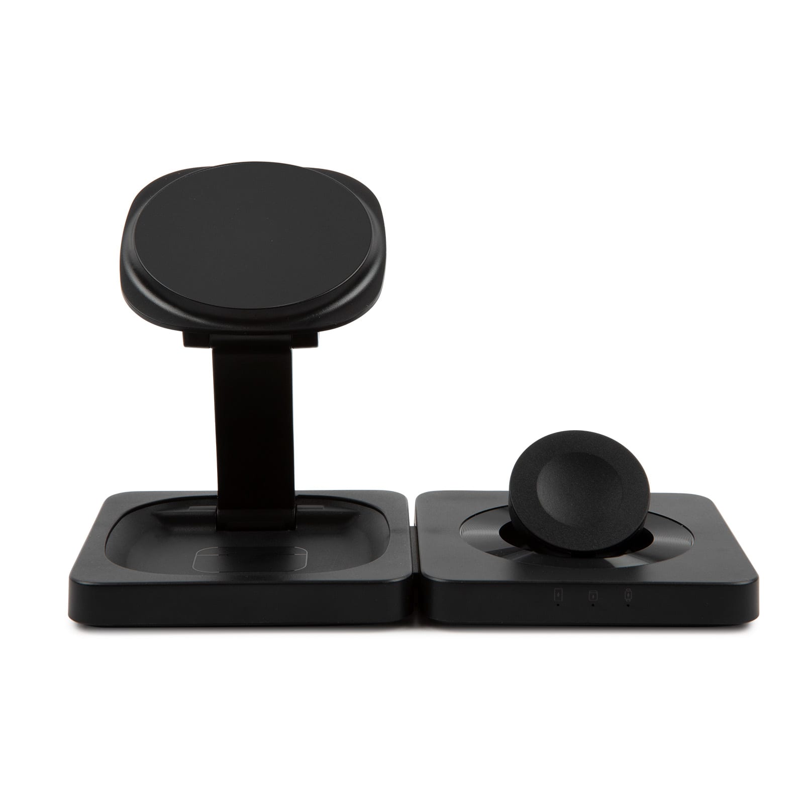 A black wireless charger featuring a stand with a flat charging pad beside it. The product has a logo.