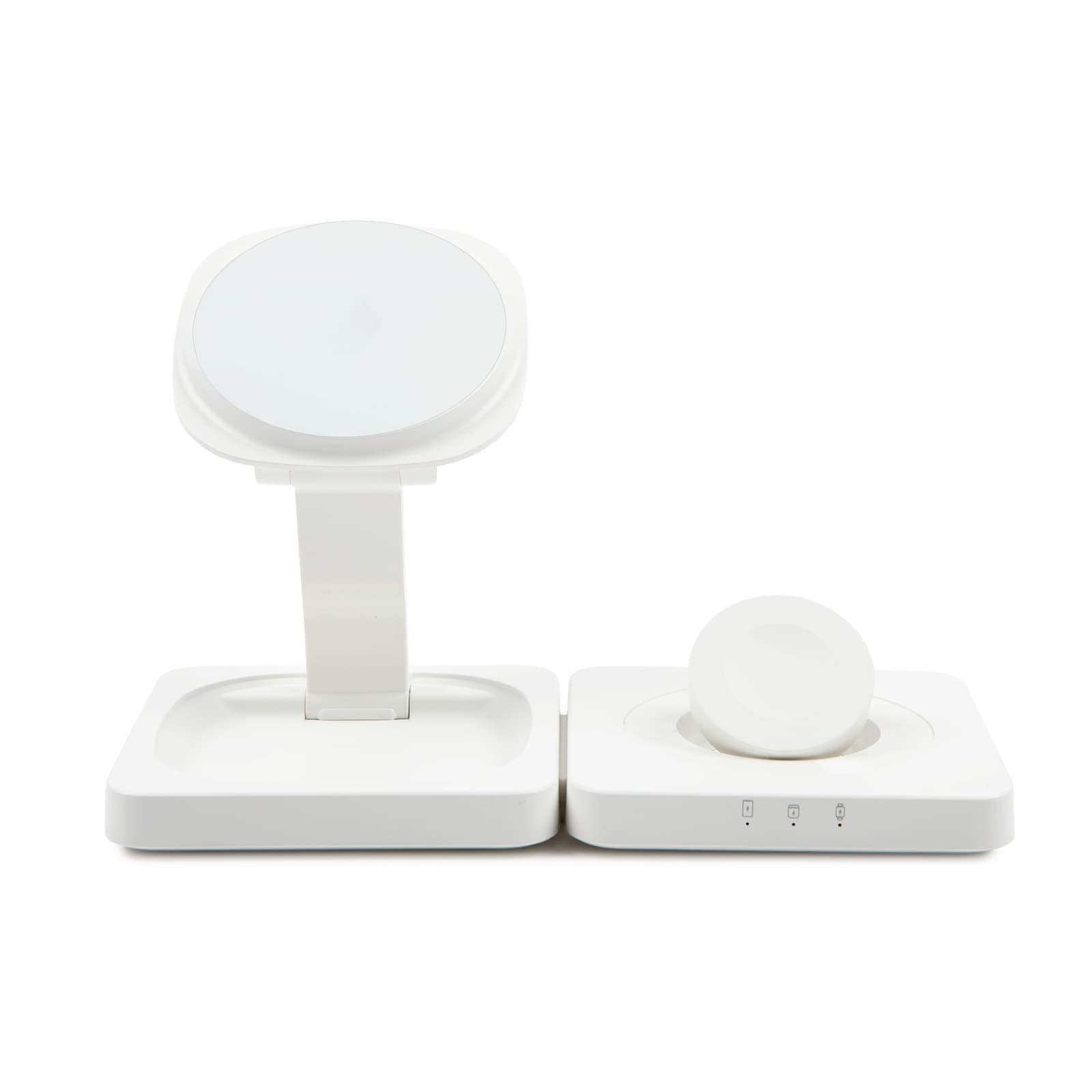 A white Tri Power Charger with a stand for phone charging and a wireless pad for additional devices.