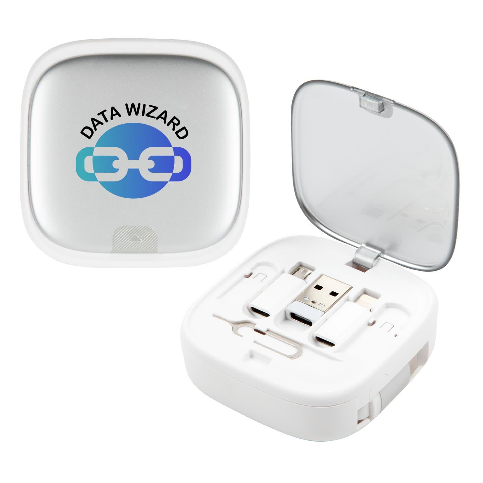A white retractable cable set in a protective case, featuring three different connectors and a logo on the lid.