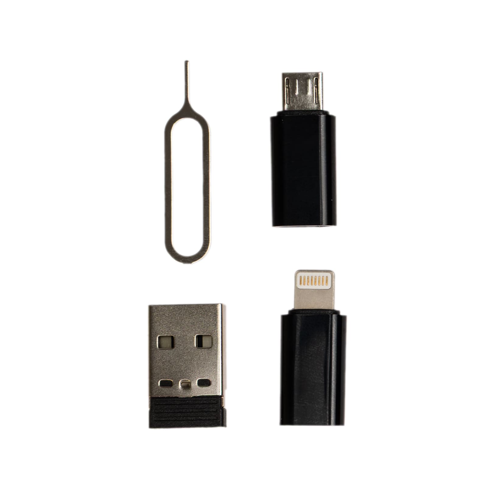 A PowerFlex Retractable Cable Set in black, featuring a USB connector, Lightning connector, and a SIM card eject tool.
