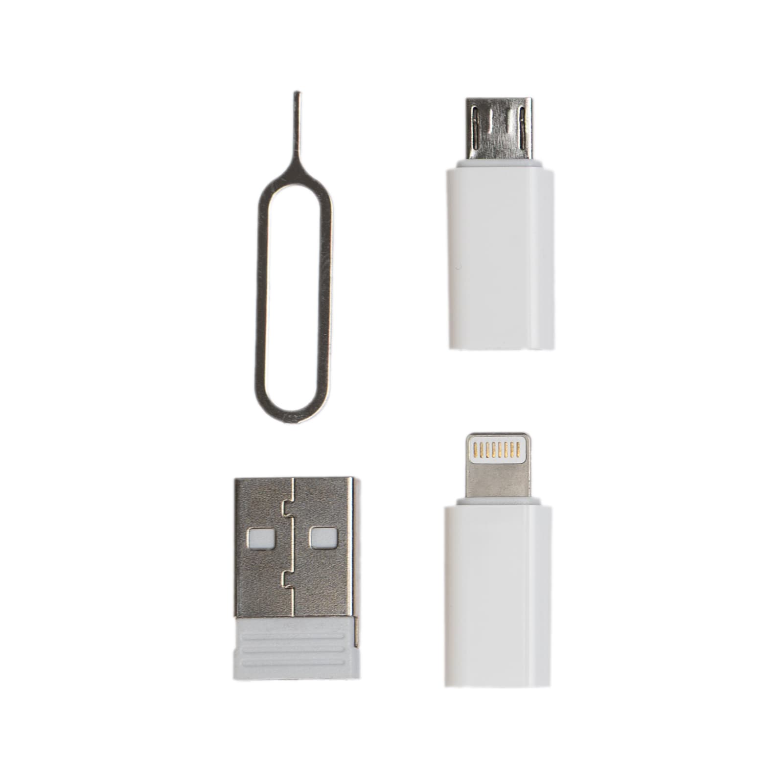 A white charging cable set featuring USB, Micro USB, and Lightning connectors, along with a SIM card eject tool.