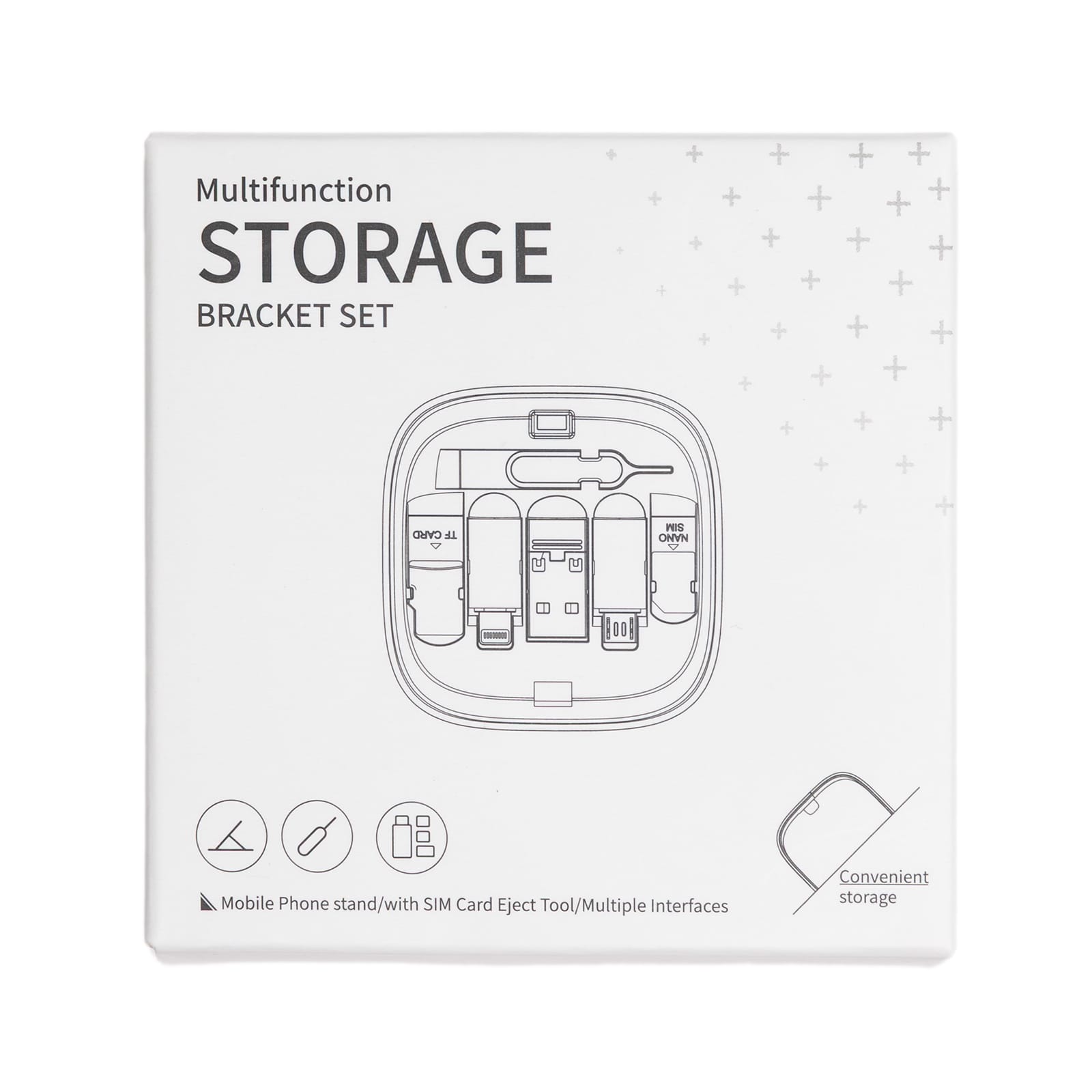 A compact storage bracket set featuring various interfaces for mobile devices, displayed in a white box with a logo.
