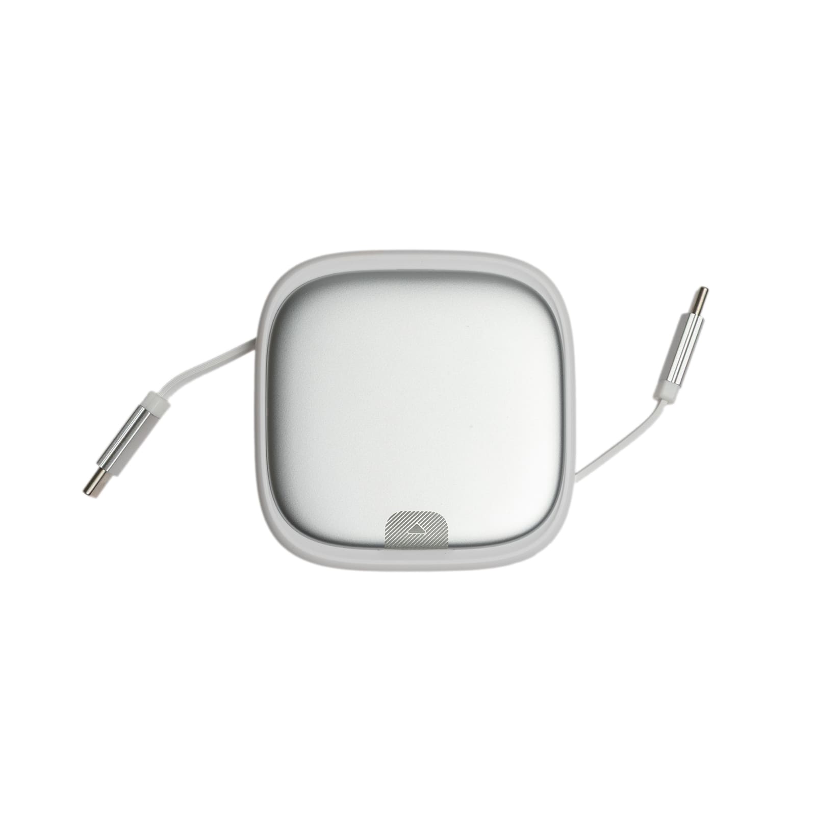 A retractable cable set in silver with two connectors, housed in a compact, square case. The product features a logo.