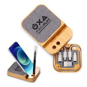 A bamboo and gray charging station set with multiple connectors, a pen holder, and space for a phone.