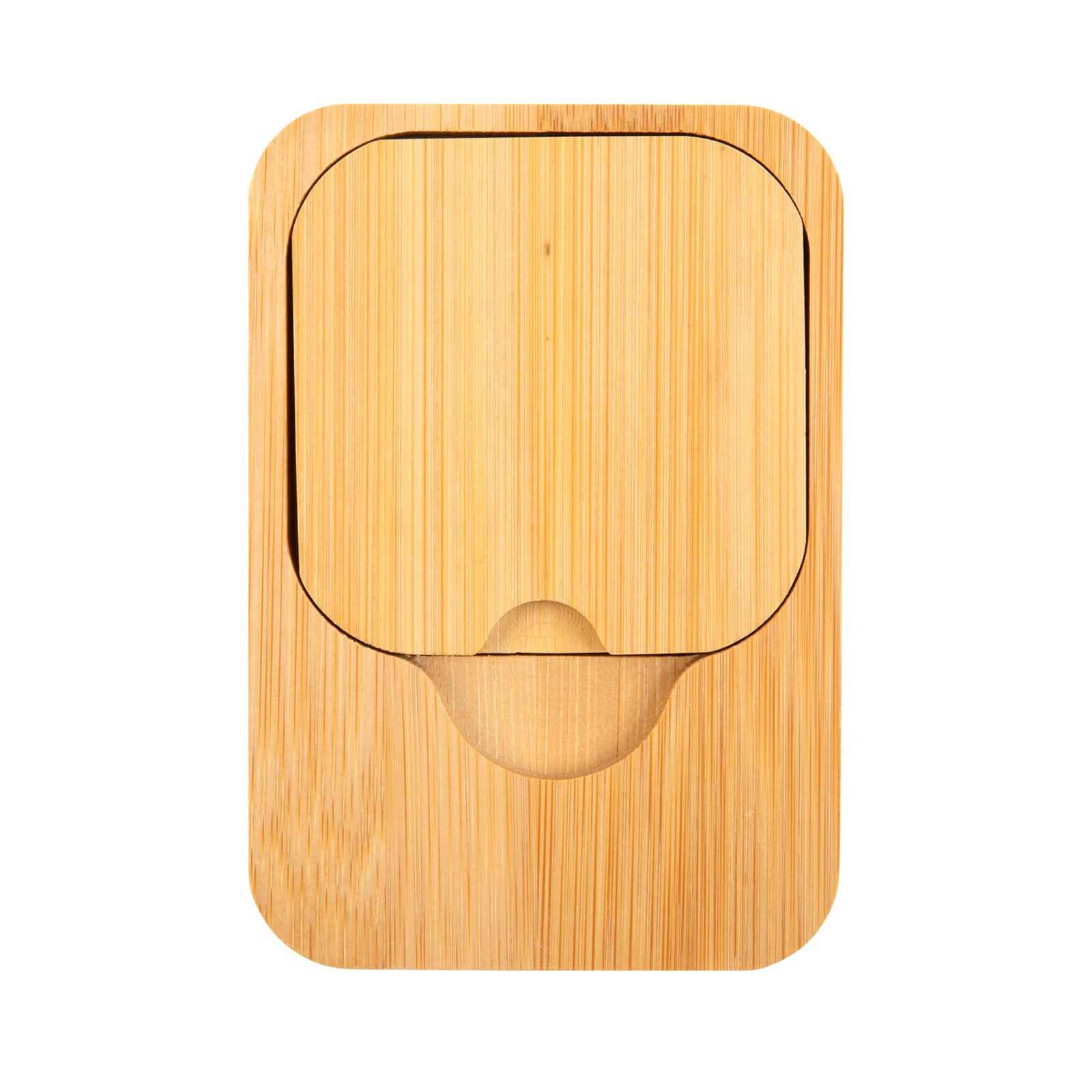 A bamboo charger set with a sleek design, featuring a rounded edge and a small cutout for access.