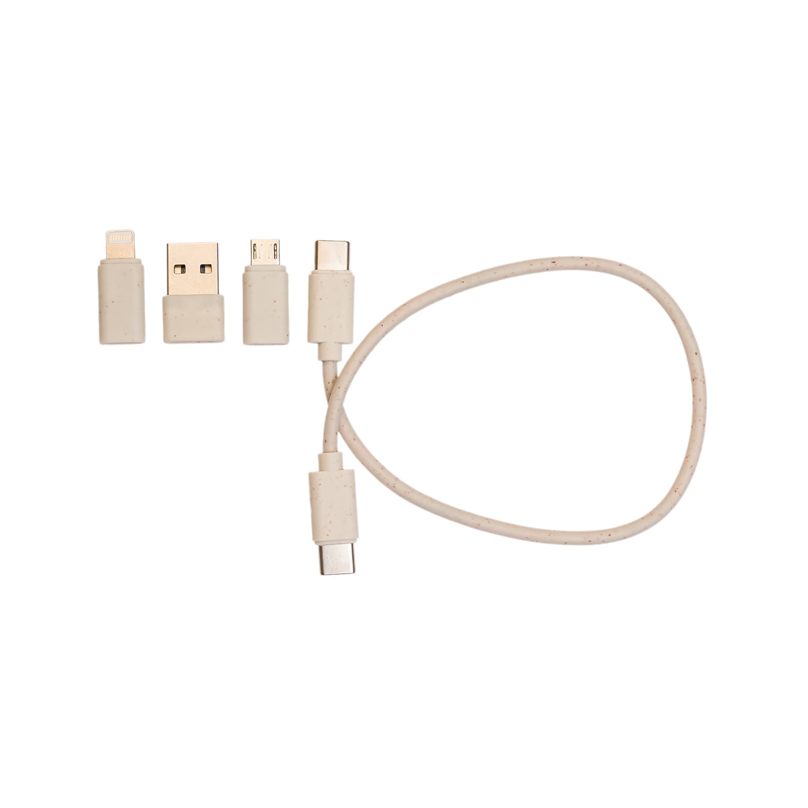 A beige charging cable set featuring multiple connectors, including USB, micro-USB, and USB-C, with a logo.