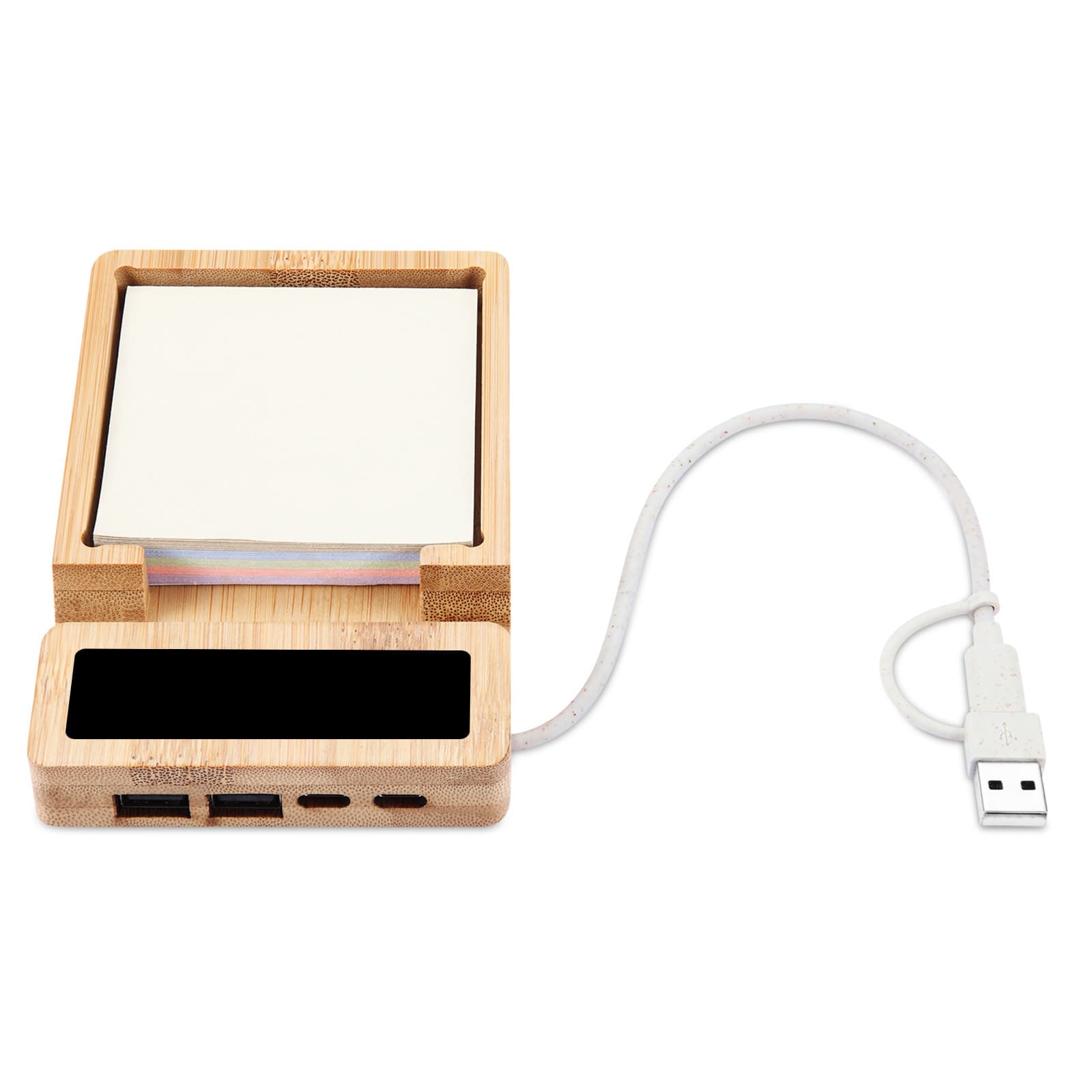 A bamboo USB and note hub featuring a space for sticky notes, multiple USB ports, and a connecting cable.