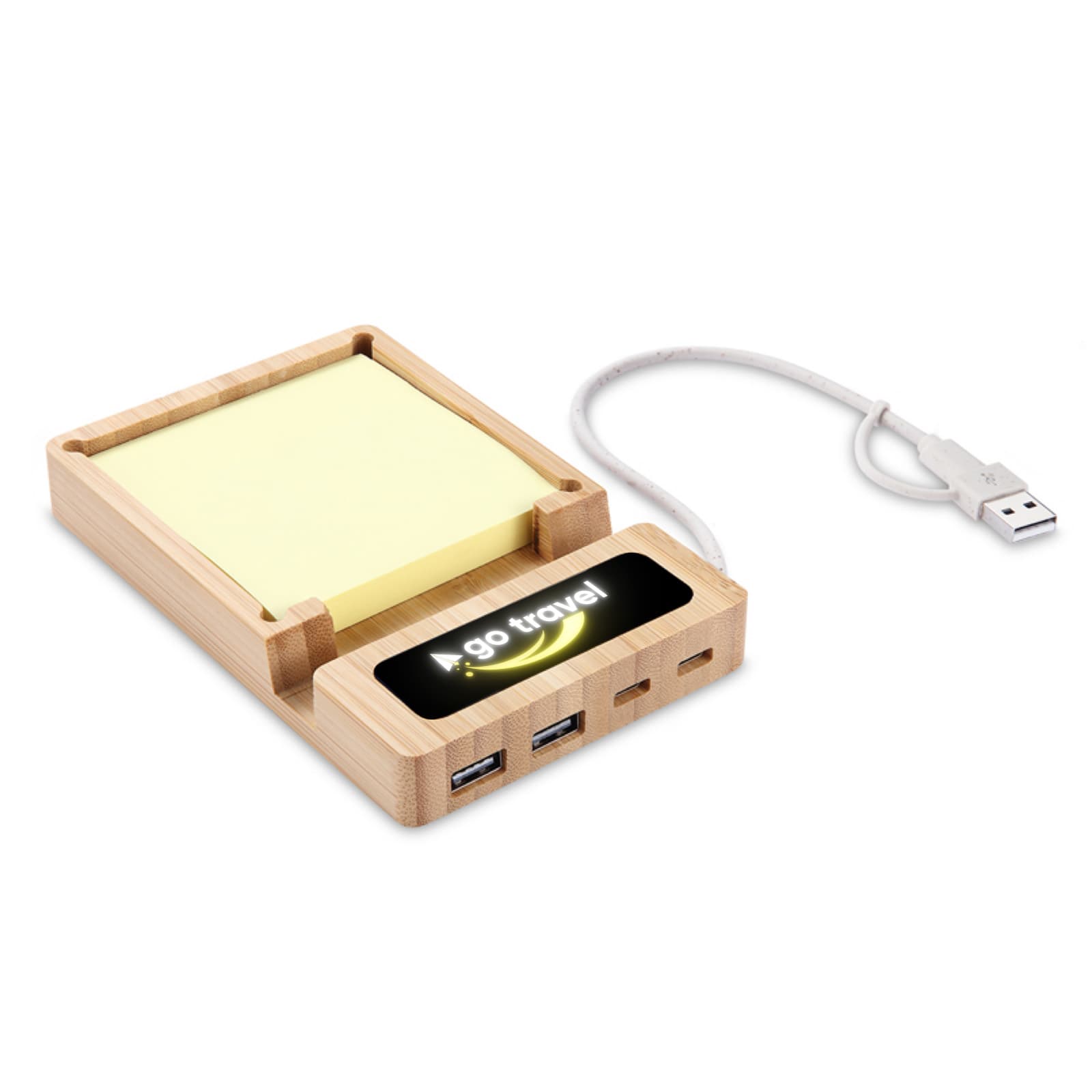 A USB hub with a wooden base featuring sticky note pads, multiple USB ports, and a digital display.