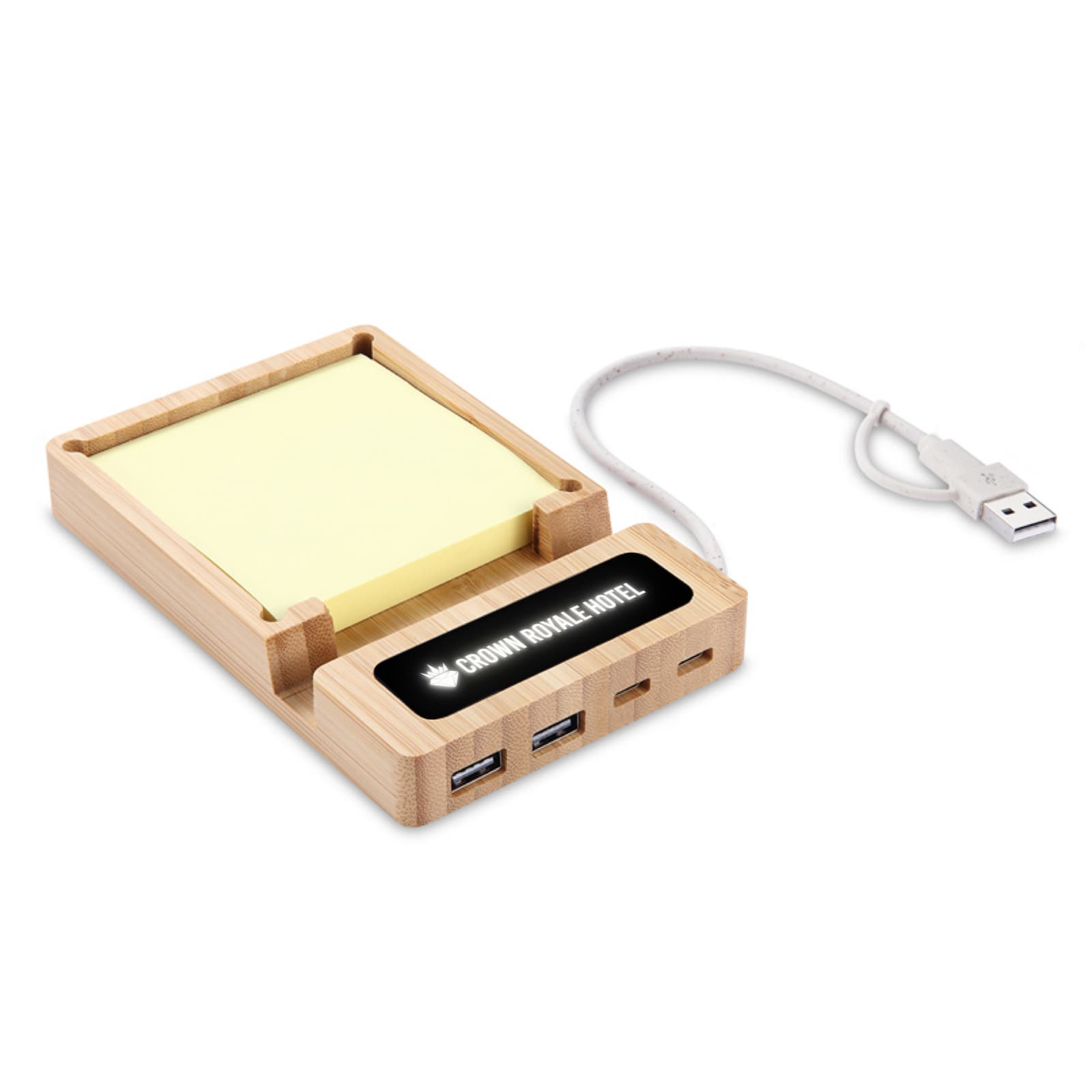 A USB hub and sticky note holder made of bamboo, featuring multiple USB ports and a connected power cable.
