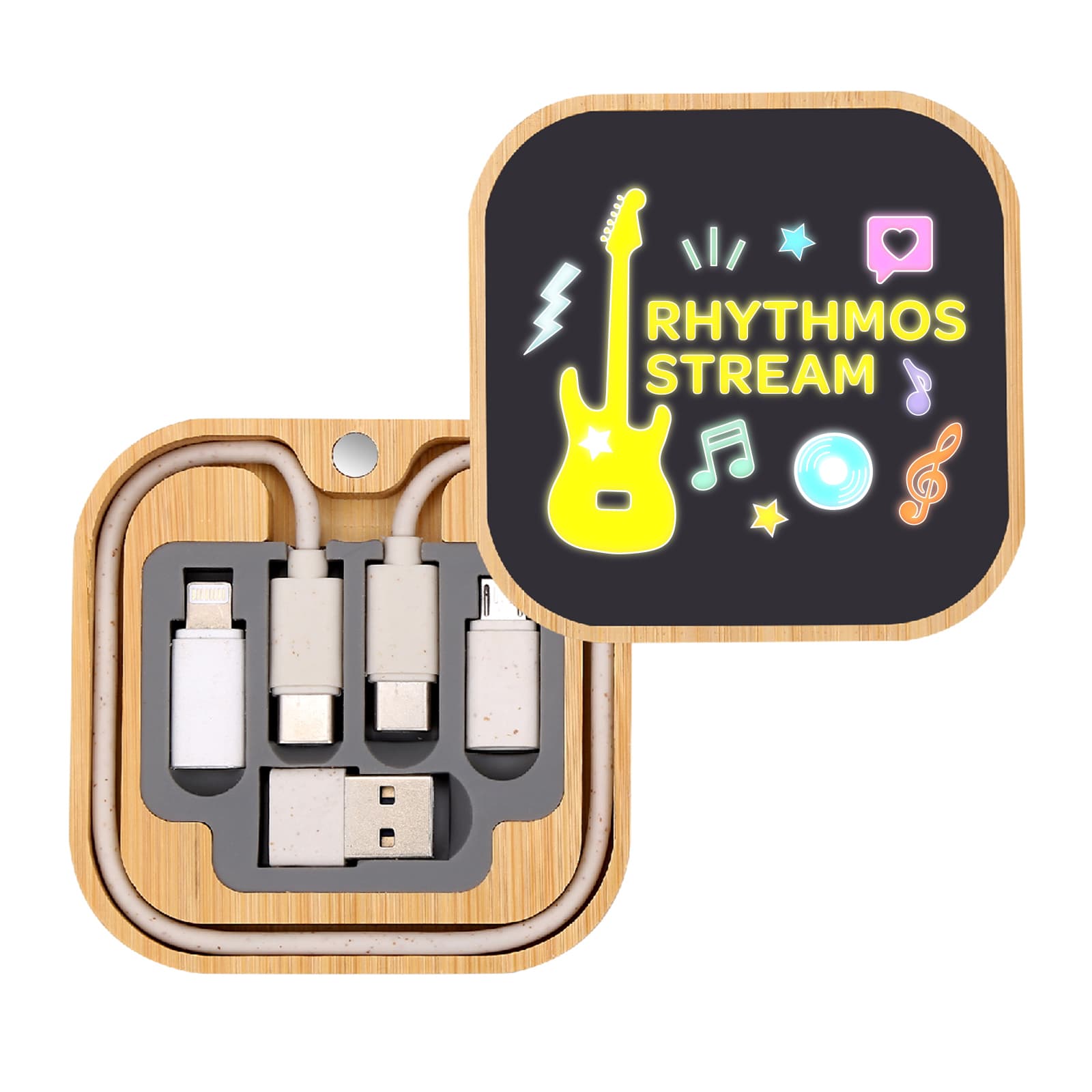 A bamboo charging cable set featuring multiple connectors against a black background with music-themed graphics and a logo.