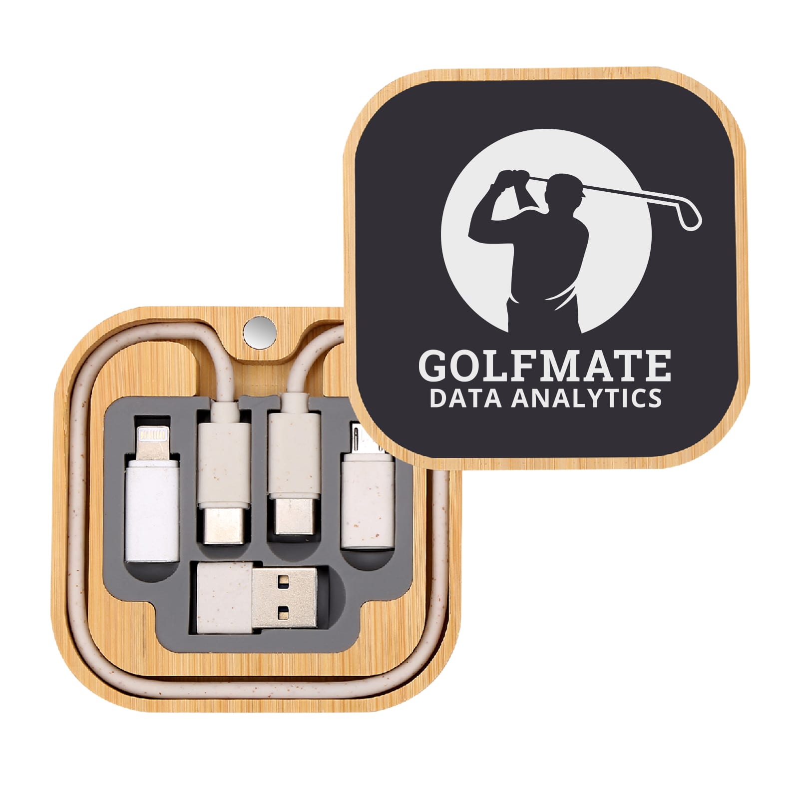 A bamboo charger set in a square case featuring a logo, including various charging cables in grey and white.
