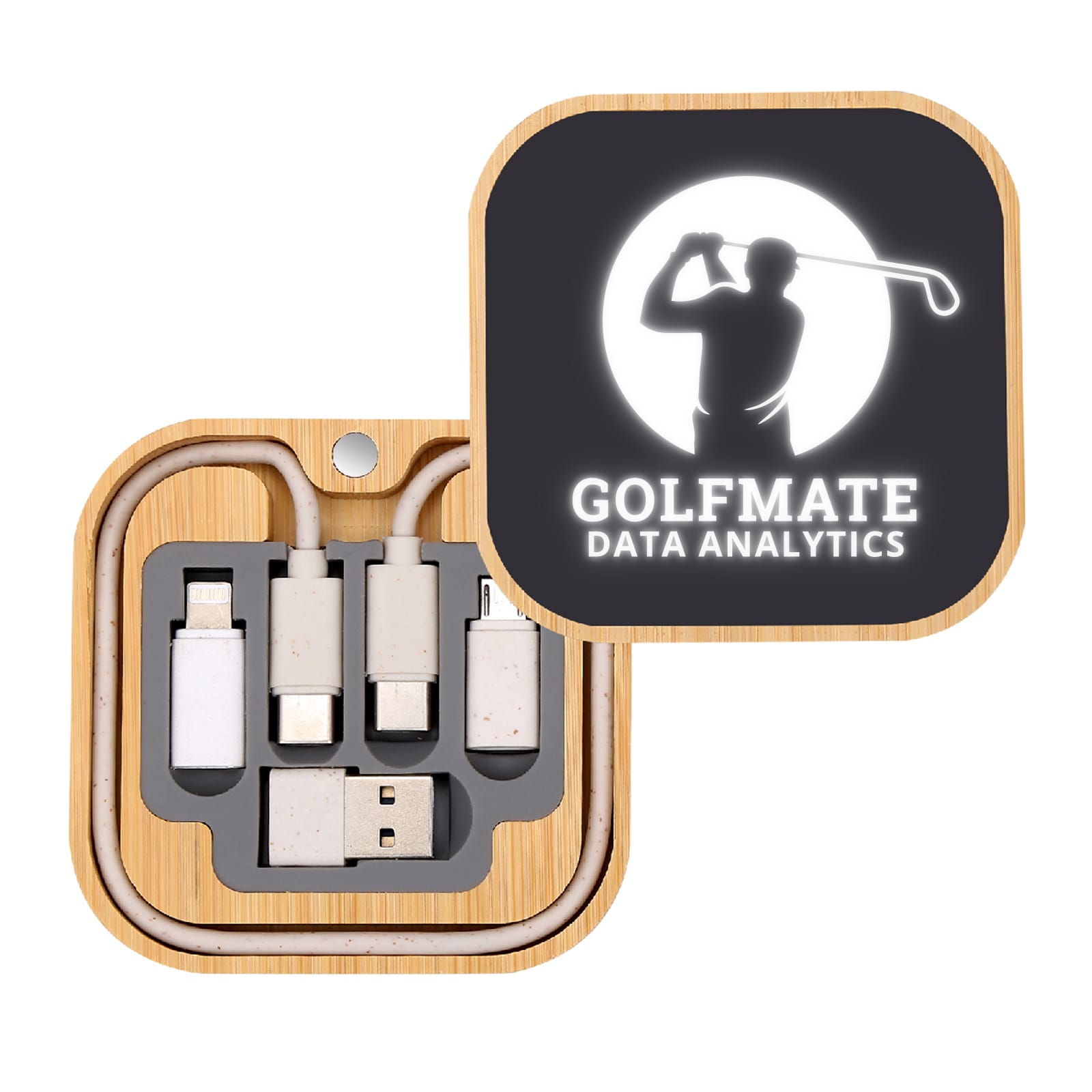 A square charger set with multiple connectors in a bamboo case, featuring a logo on the lid.