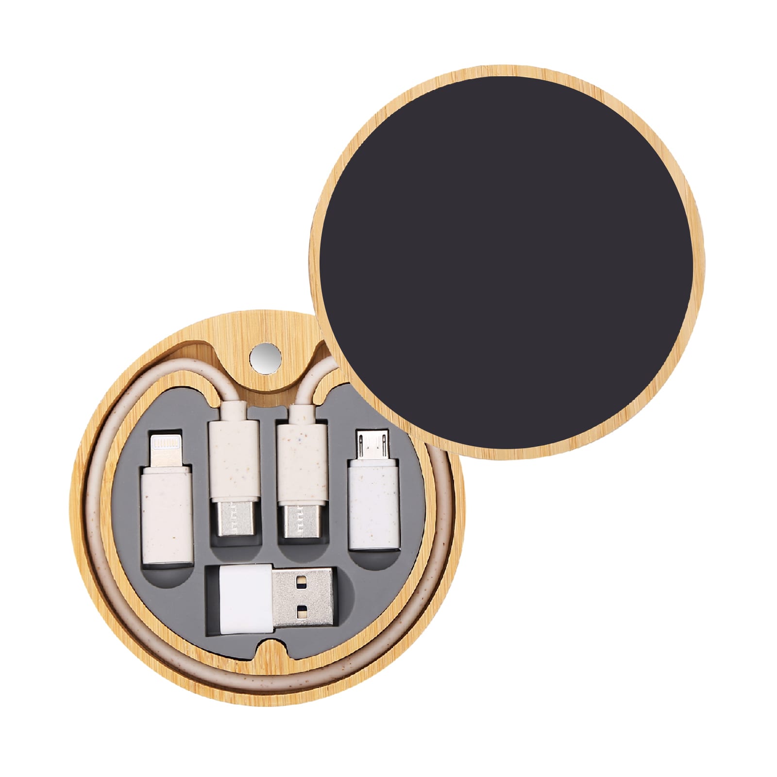 A circular charger set in bamboo packaging, featuring multiple charging cables and a wireless charging pad.