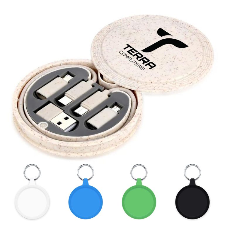 A circular eco-friendly case containing USB charging cables in grey, with four coloured keychain connectors in white, blue, green, and black.