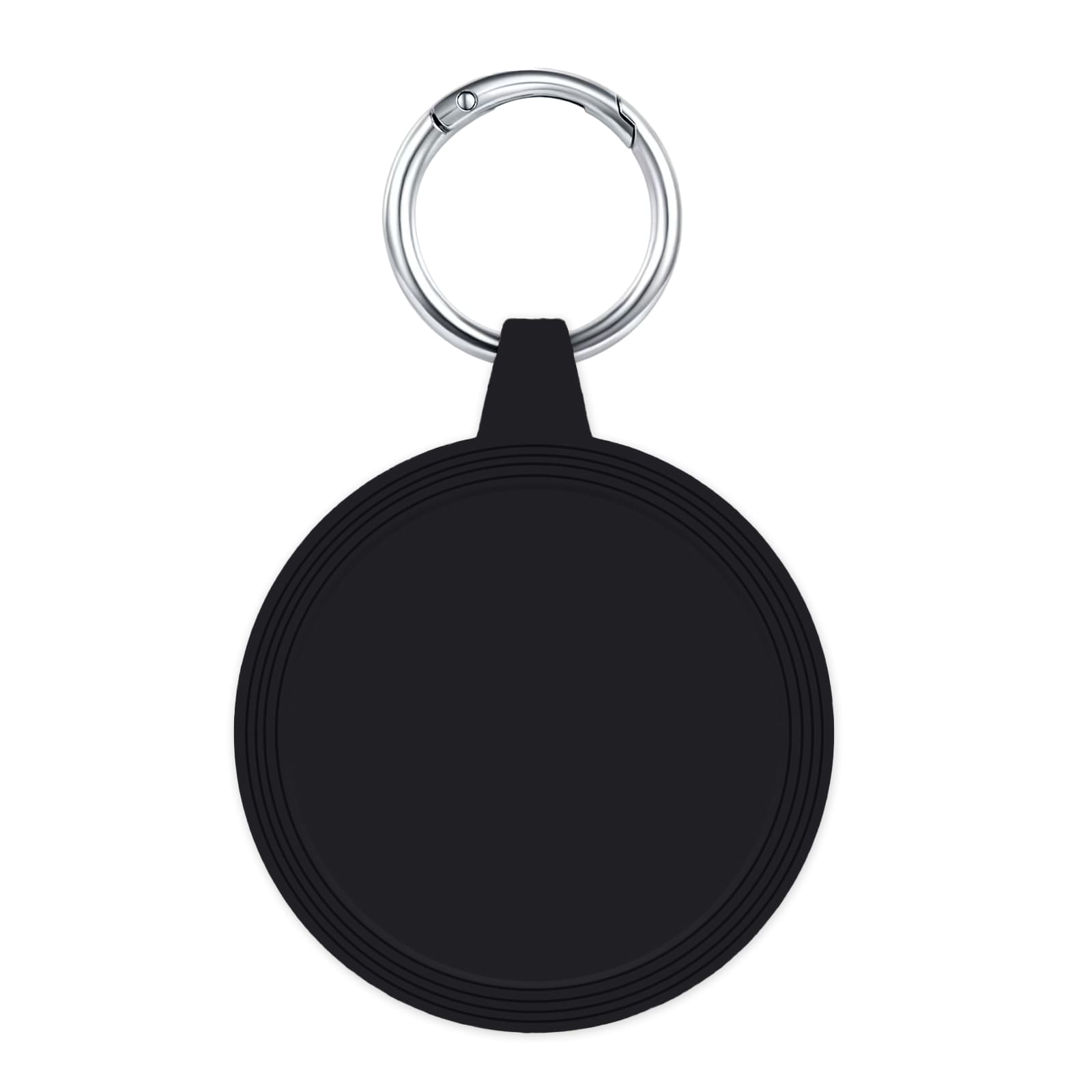 A black circular keychain with a metal ring. It features a simple, smooth design without any visible branding.